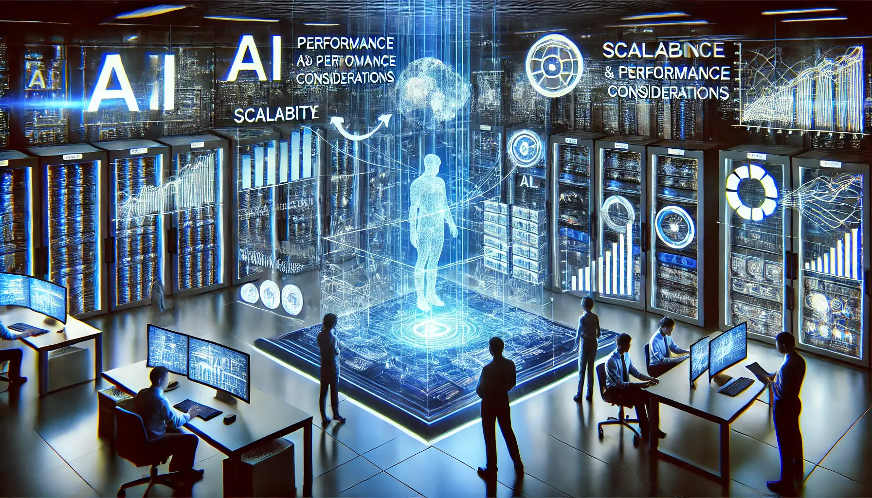 A high-tech data center with engineers analyzing performance and scalability metrics of AI systems in a modern server room.