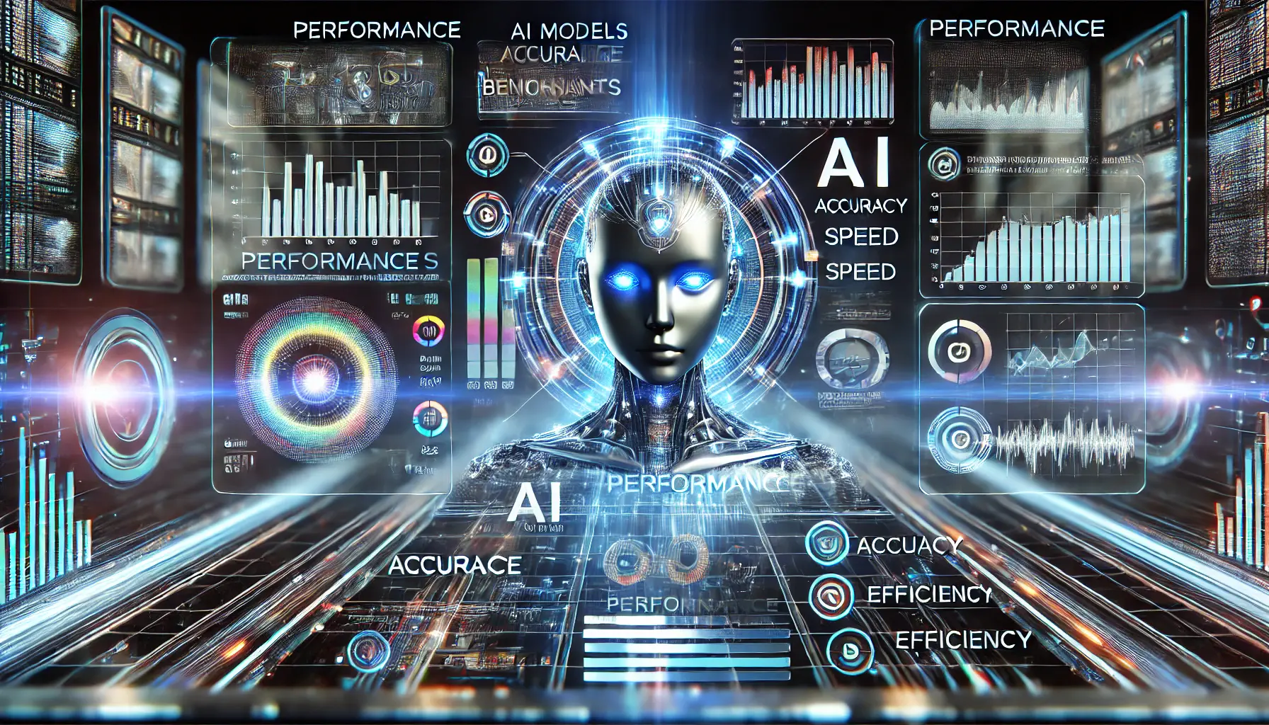 A futuristic AI system comparing performance benchmarks between multiple models, showing accuracy, speed, and efficiency metrics.