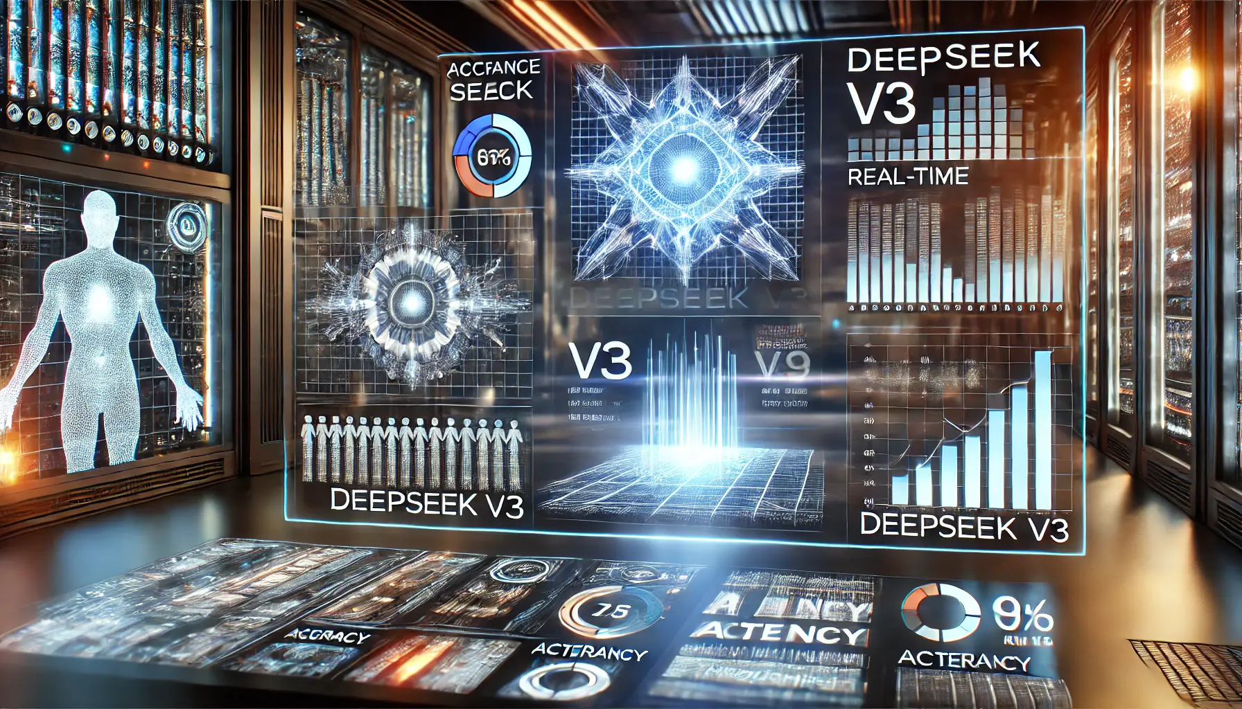 A high-tech digital display showing glowing charts and graphs comparing AI models' performance metrics such as accuracy, latency, and throughput.