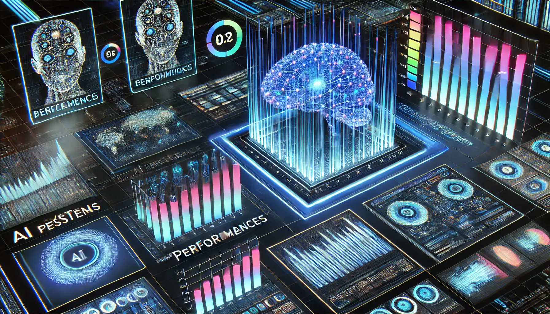 A futuristic visualization of AI performance evaluation, showing data flows and performance indicators comparing various tasks.