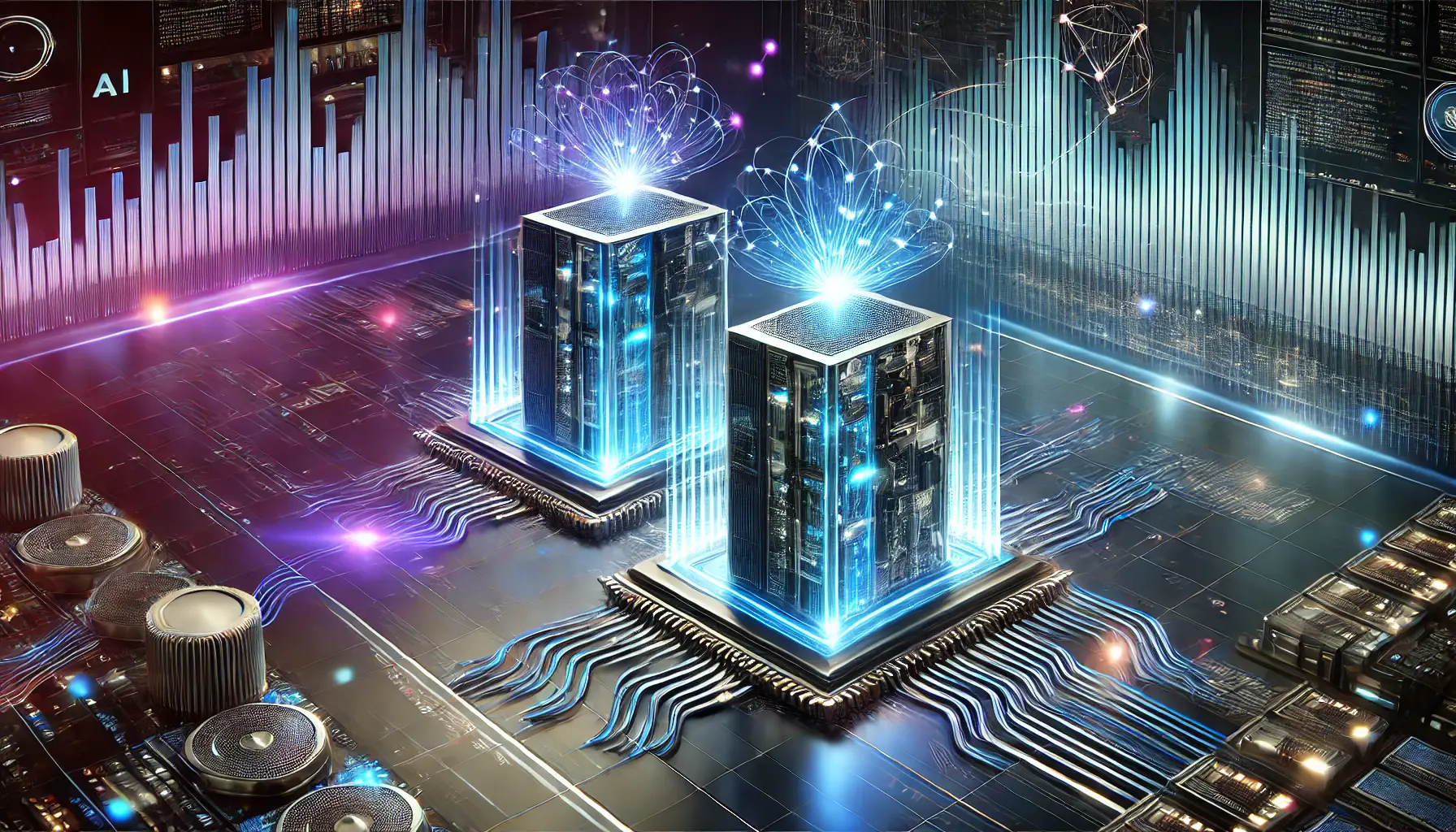 A high-tech visualization comparing two AI models with advanced processing units, glowing data streams, and digital performance graphs.