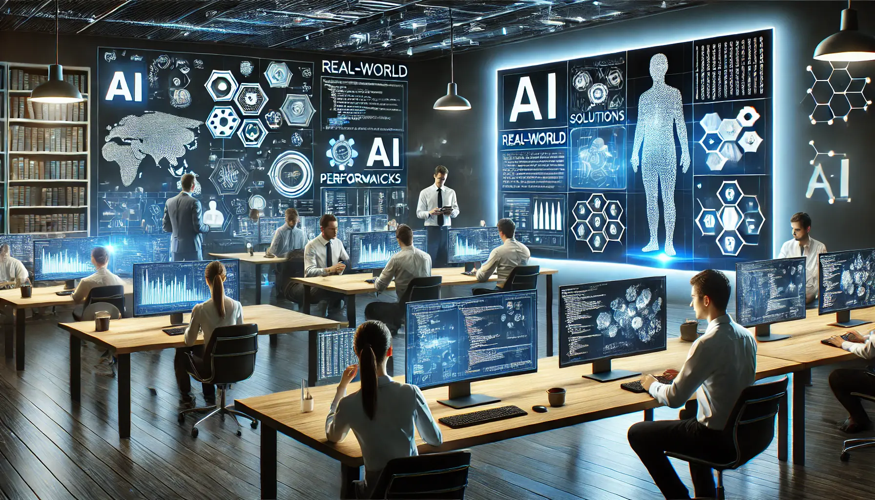 A modern workspace where professionals are using AI tools for coding, problem-solving, and data analysis with interactive screens showing AI-driven solutions.