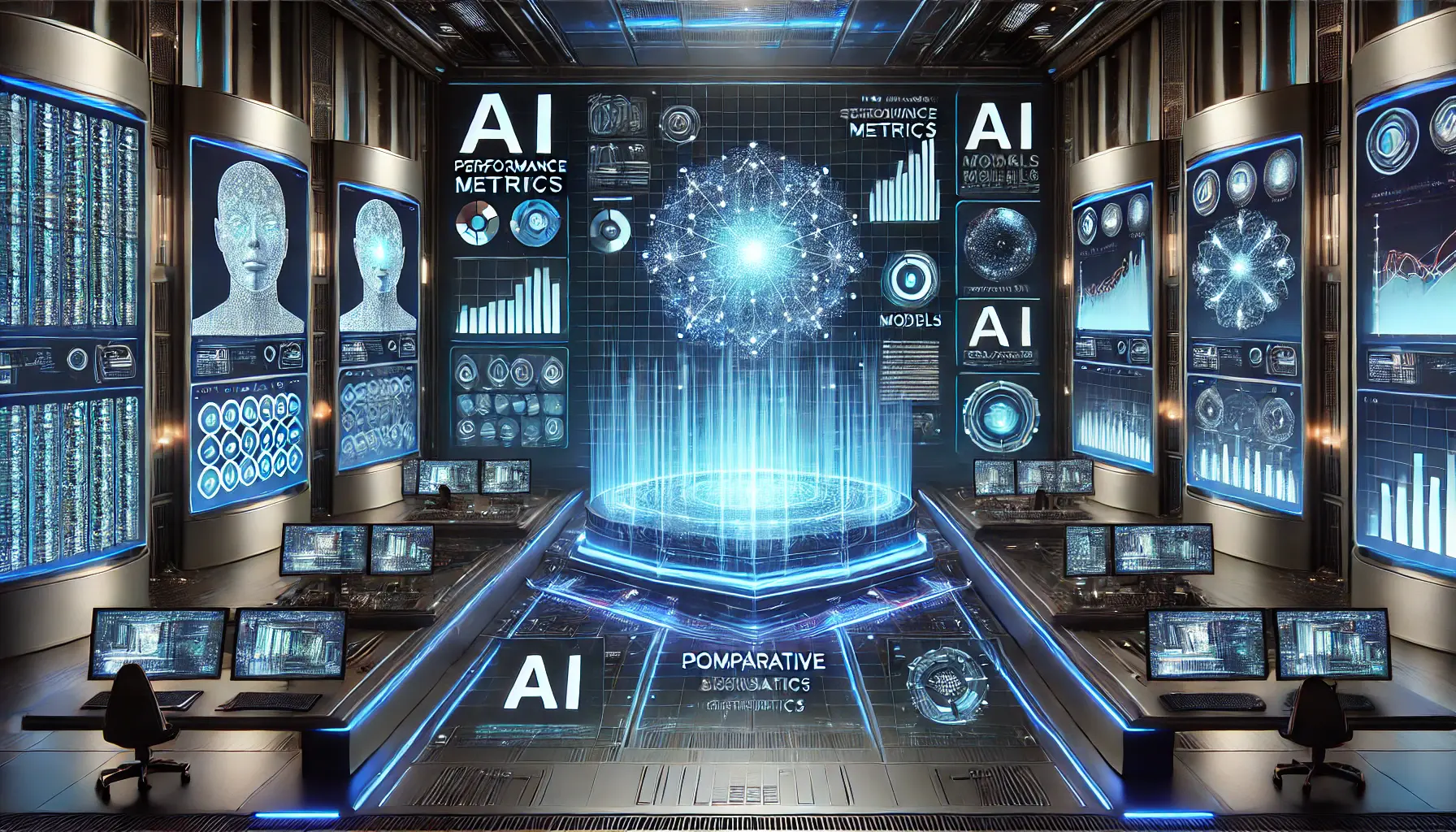 A high-tech data center with holographic screens displaying complex AI performance metrics and graphs, symbolizing AI model comparison.