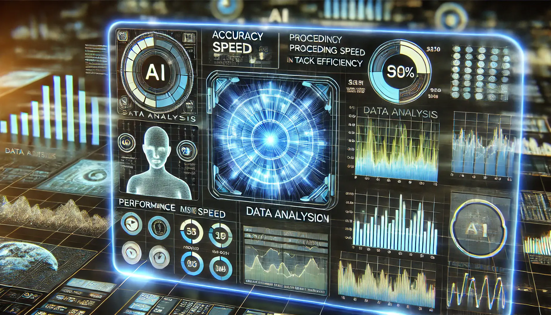 A high-tech AI system displaying performance metrics, including accuracy and processing speed, on holographic screens in a data analysis environment.