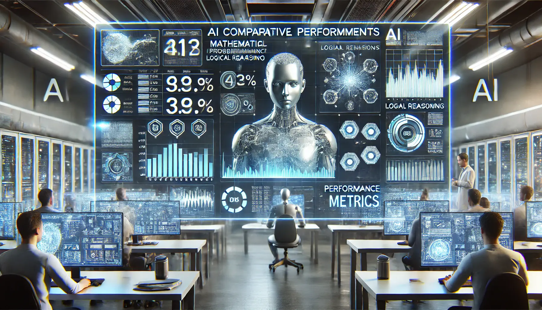 A high-tech AI system displaying comparative performance metrics across mathematical problem-solving, logical reasoning, and code generation tasks on digital screens.