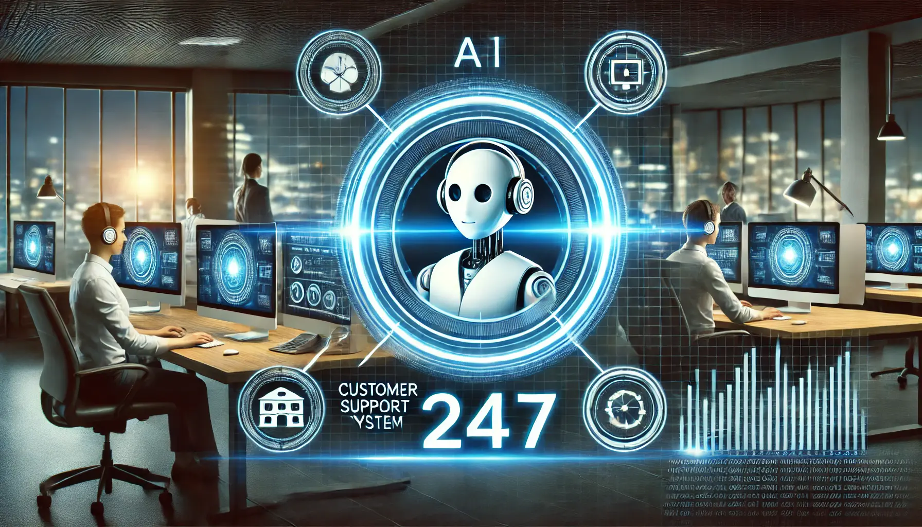 A high-tech digital interface with an AI chatbot assisting users around the clock, symbolizing continuous availability.