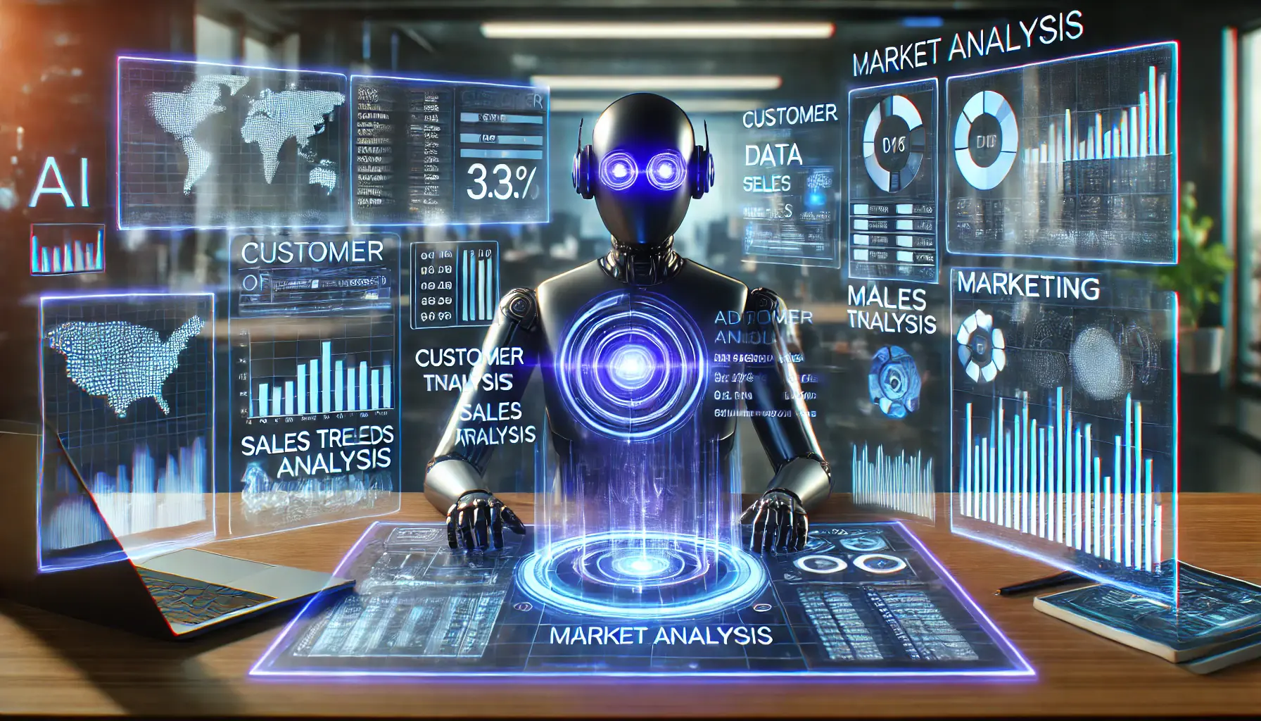 A digital assistant performing advanced data analysis using holographic interfaces to analyze customer data, sales trends, and market insights.