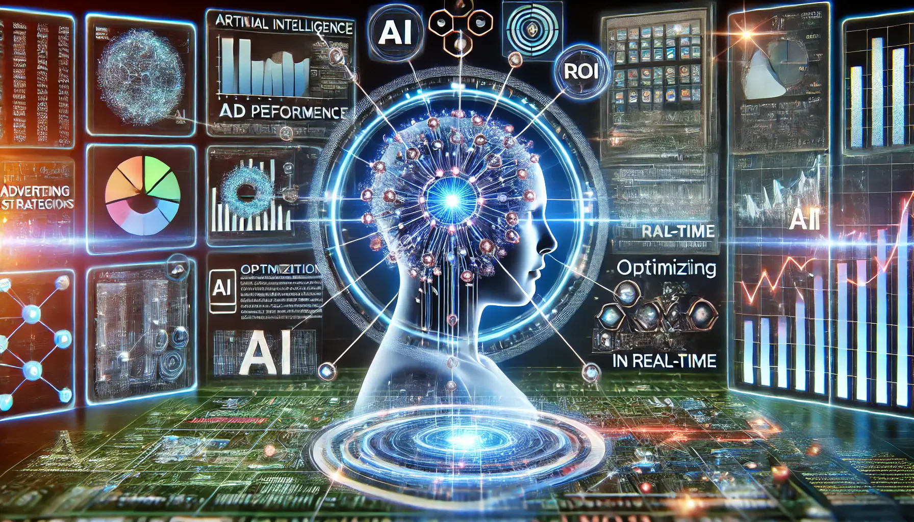 A futuristic AI system optimizing advertising strategies in real-time by analyzing ad performance data and adjusting campaigns based on consumer behavior patterns.