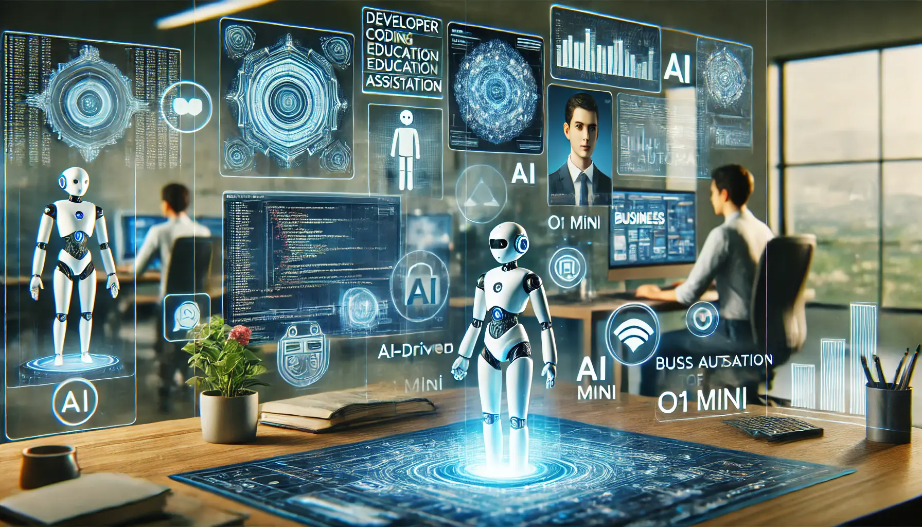 A futuristic workspace featuring AI-driven applications, including a developer coding with AI assistance, an education platform with a virtual tutor, and a business automation dashboard.