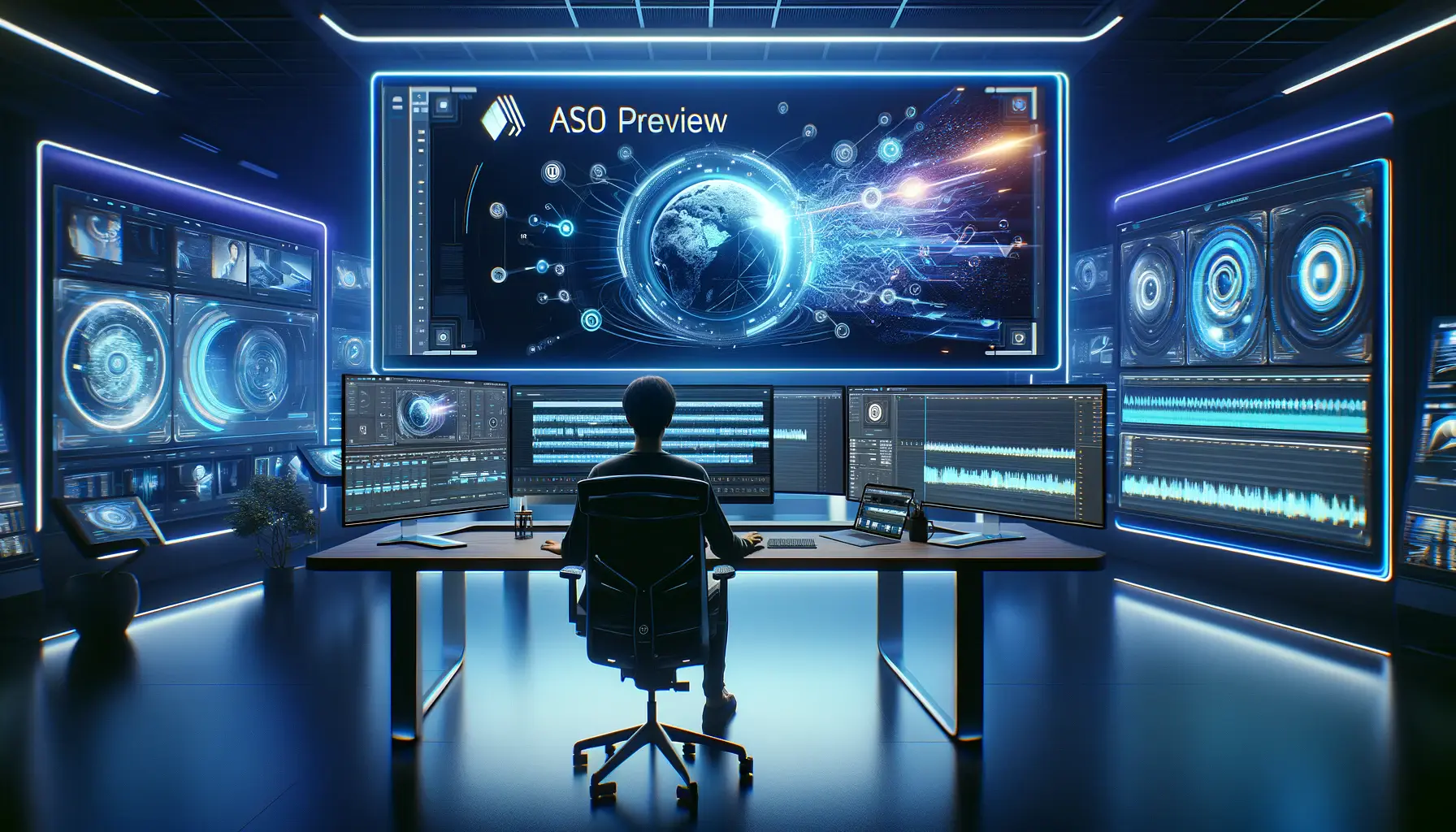 A futuristic digital workspace with AI-powered video editing tools on holographic screens.