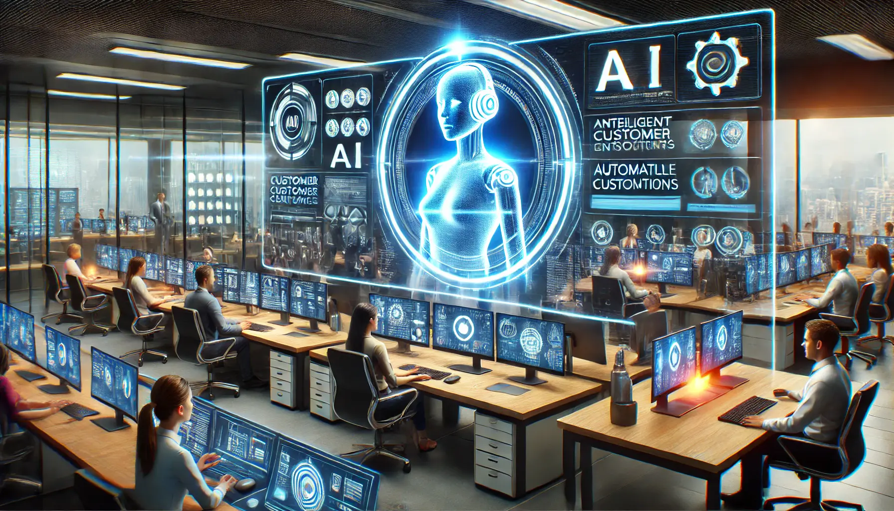 A futuristic AI assistant managing multiple customer queries in a high-tech office using digital screens and virtual assistants.