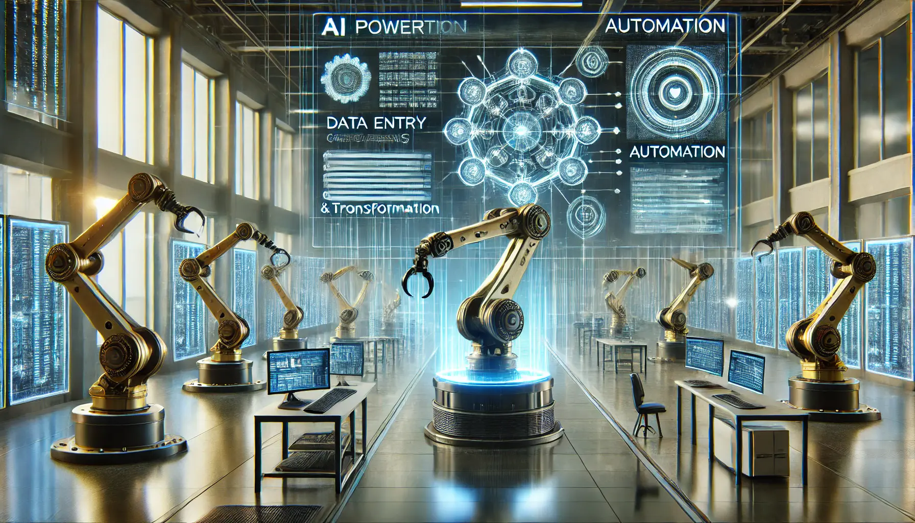 A futuristic AI-powered system automating repetitive data tasks with robotic arms and holographic screens displaying automation workflows.