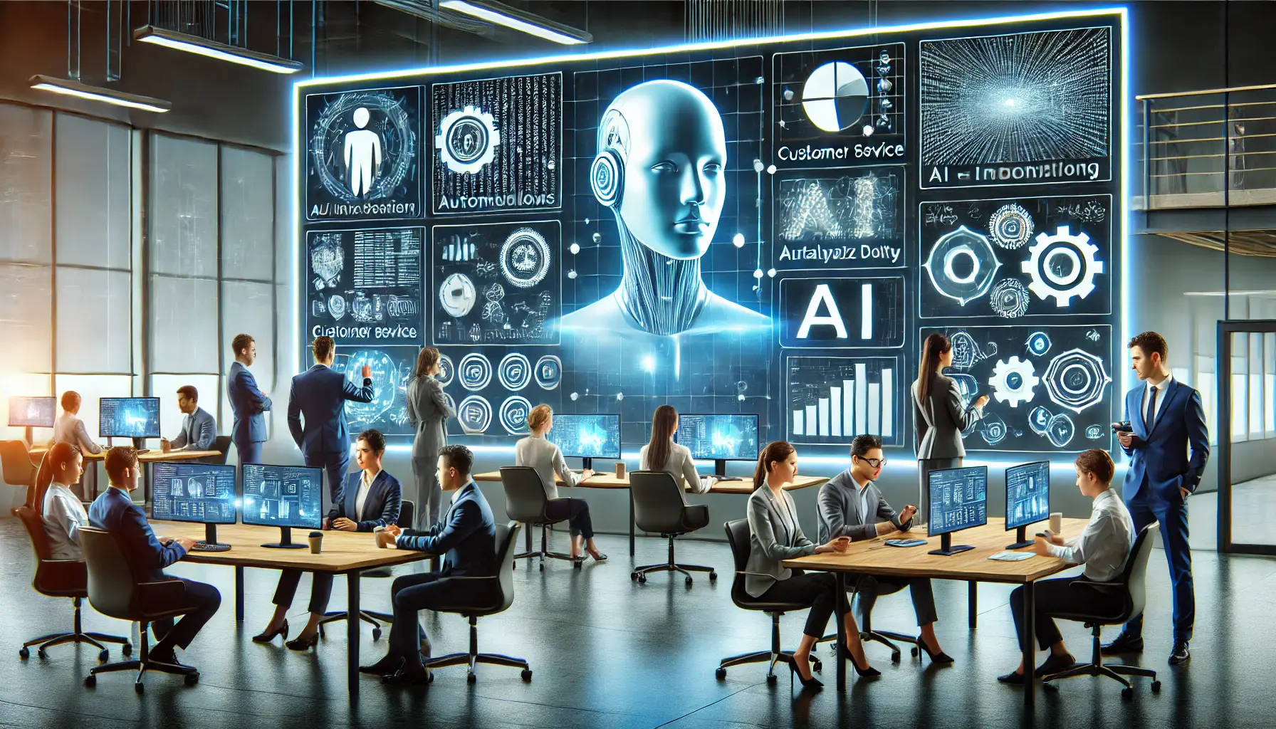 A modern business environment where professionals collaborate with AI-powered systems on interactive screens, enhancing workflow automation, data analysis, and decision-making.