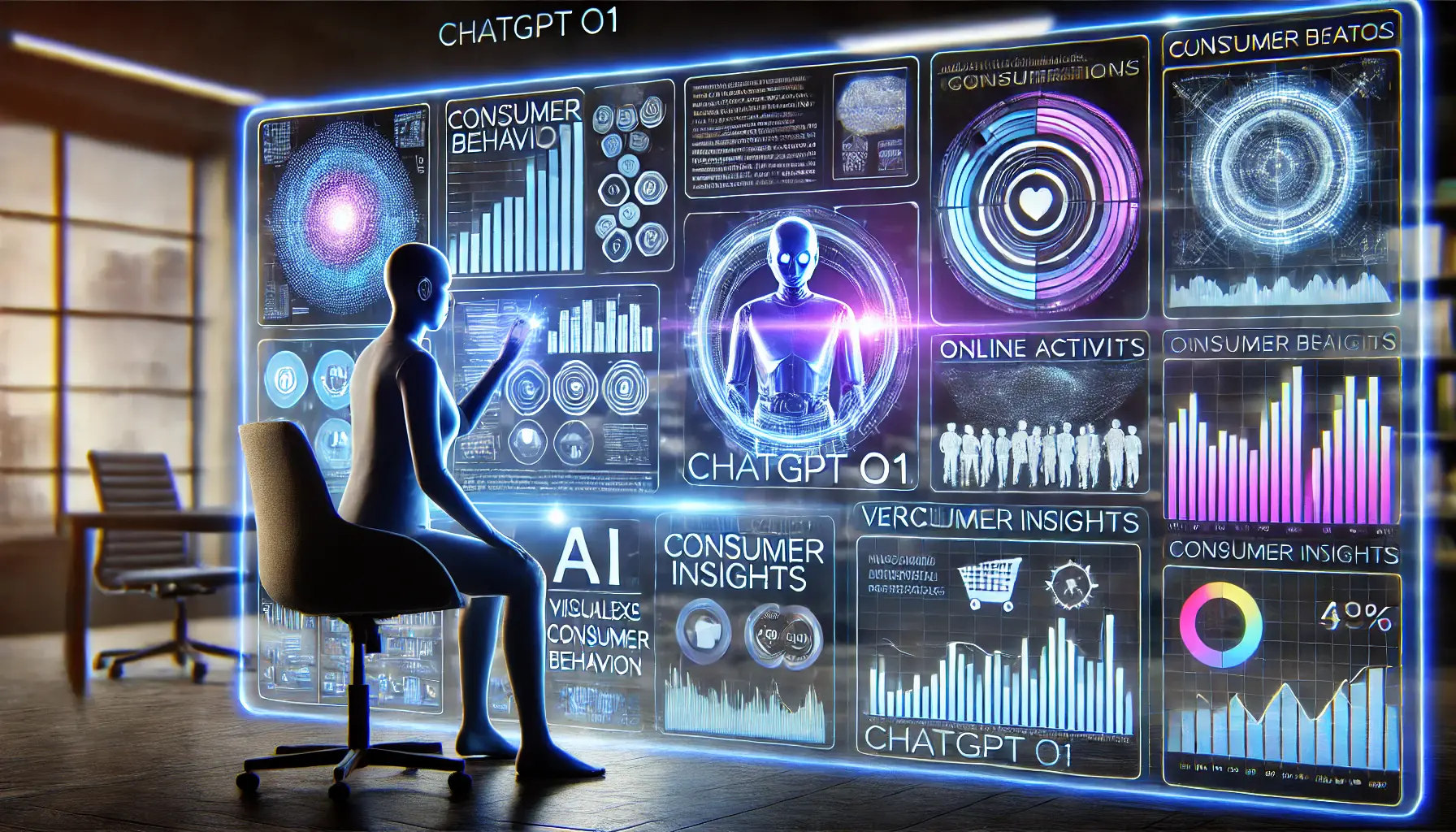 A digital assistant analyzing consumer behavior through holographic interfaces displaying data trends and insights.