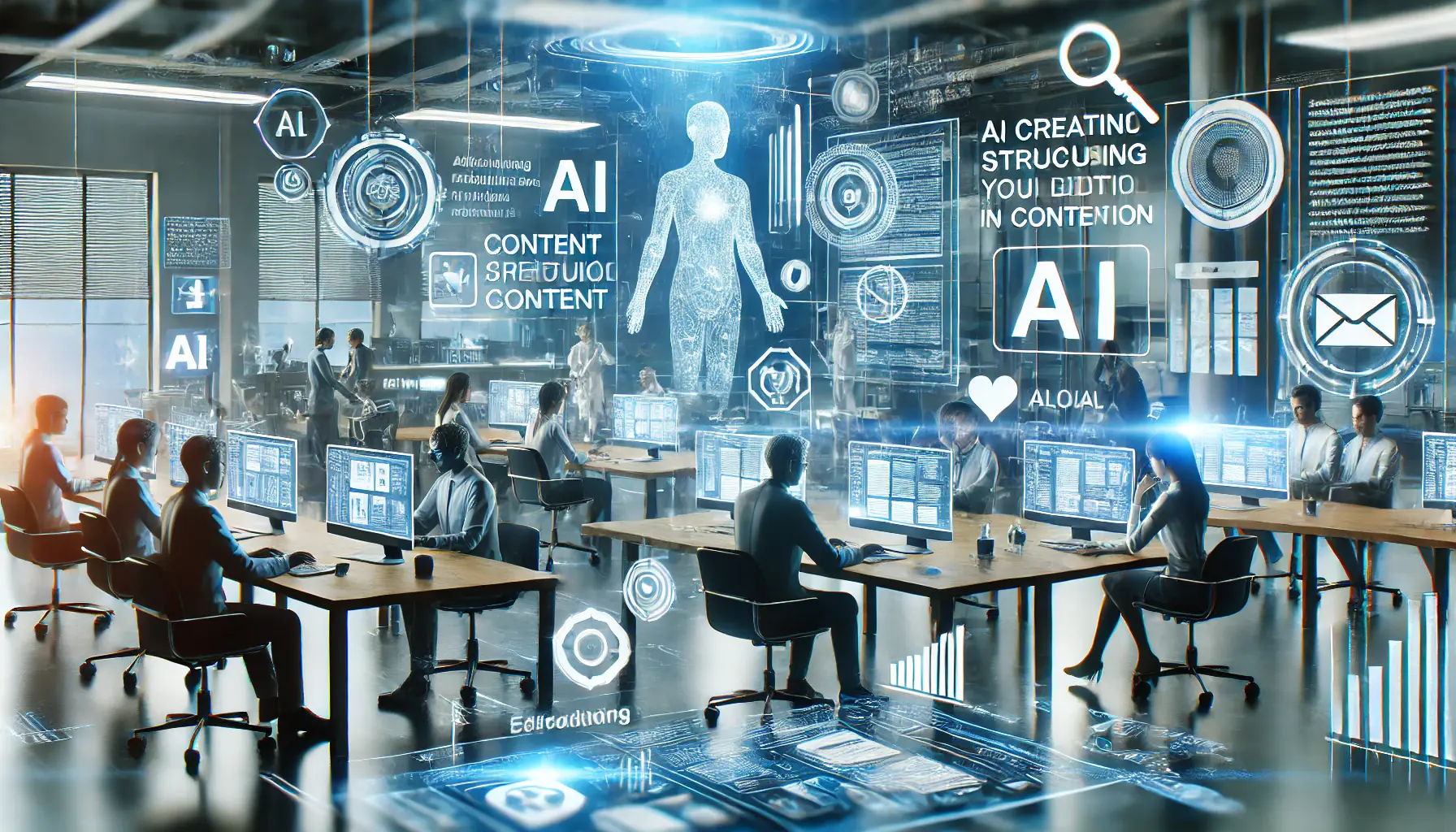 A futuristic workspace where AI is used to streamline content creation, including articles, blog posts, and social media.