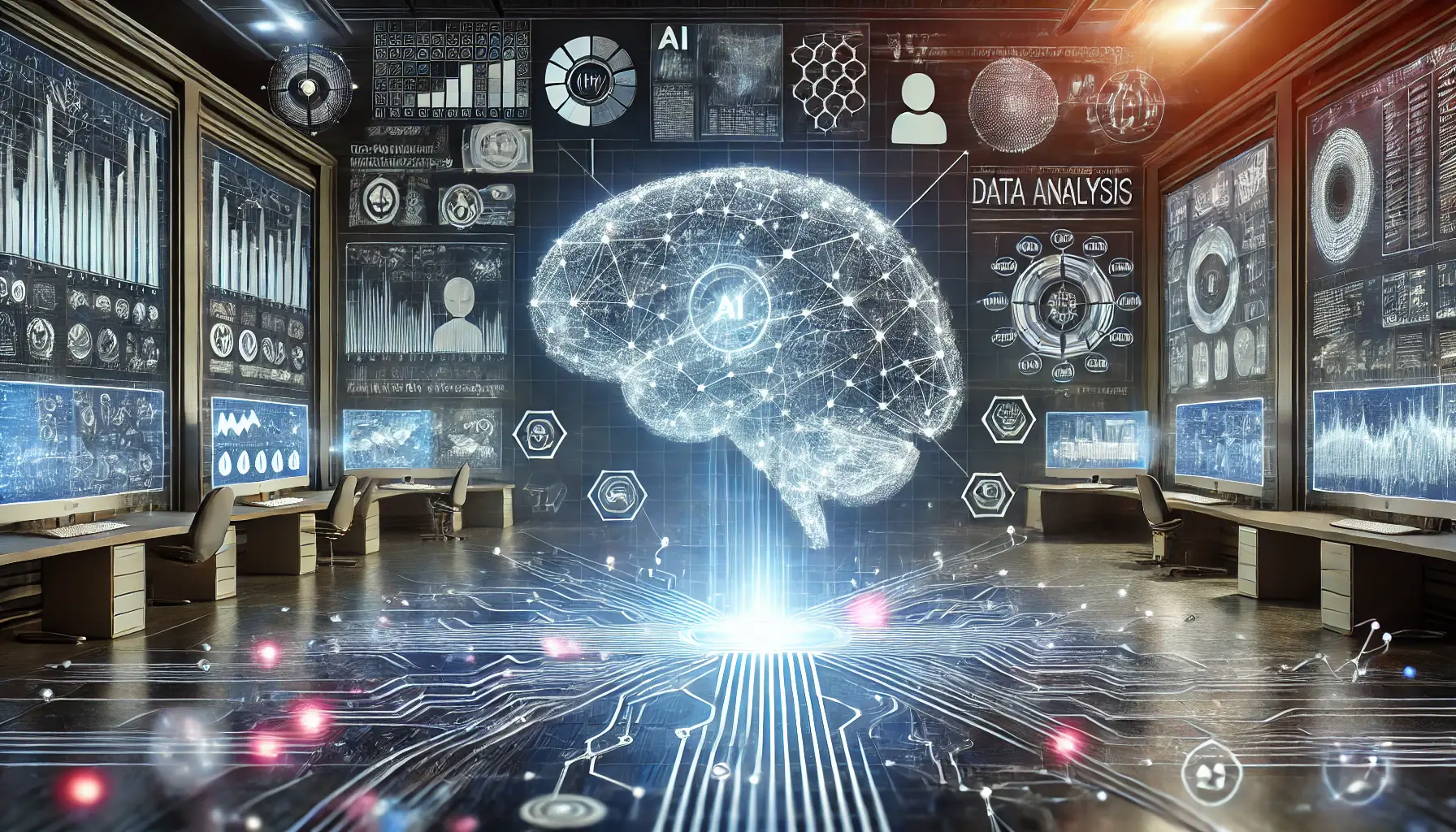 A glowing digital brain surrounded by streams of data visualizations, charts, and neural network connections in a high-tech control room.