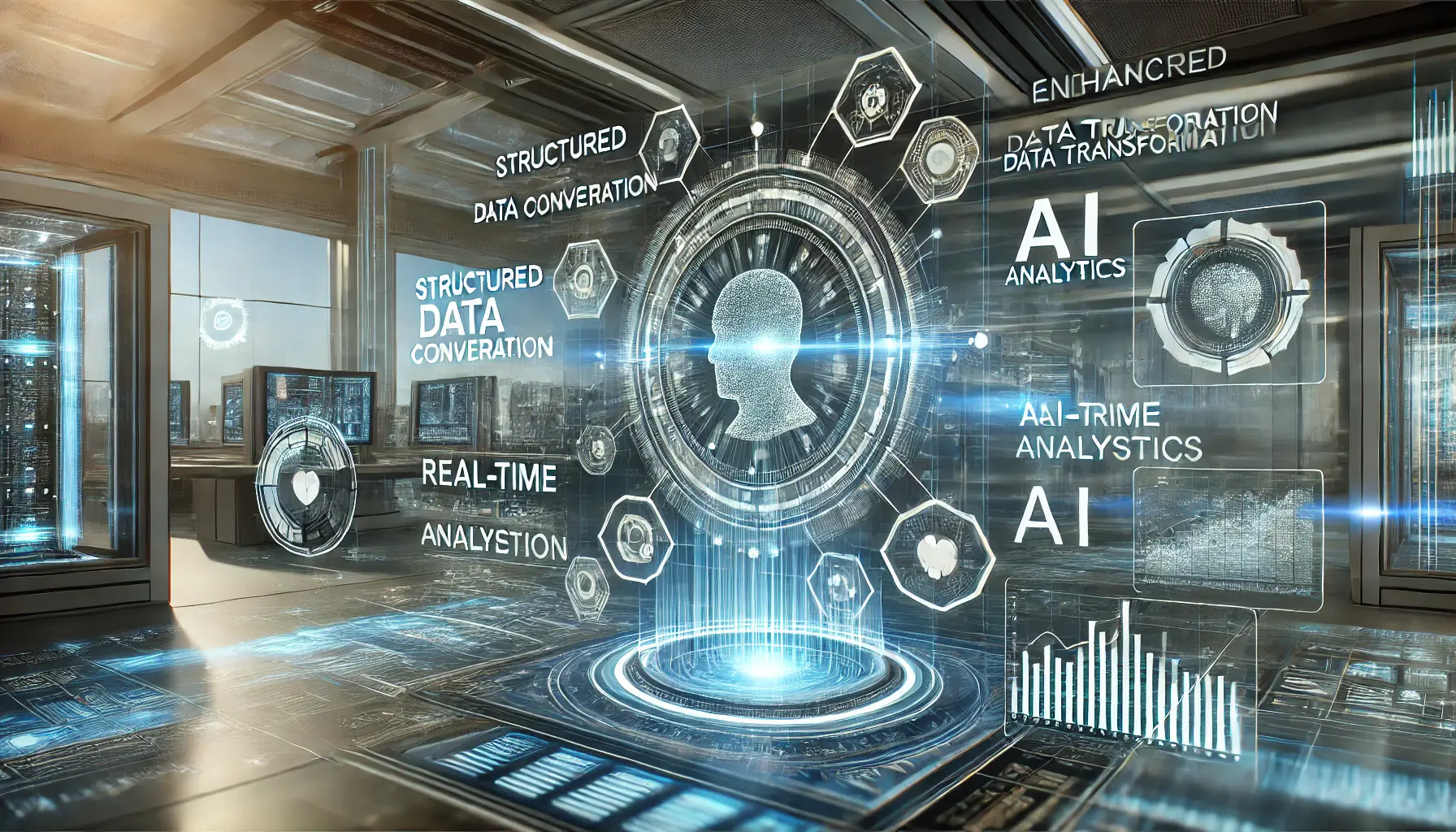 A futuristic AI-driven system optimizing data transformation with holographic displays showing structured data conversion and real-time analytics.