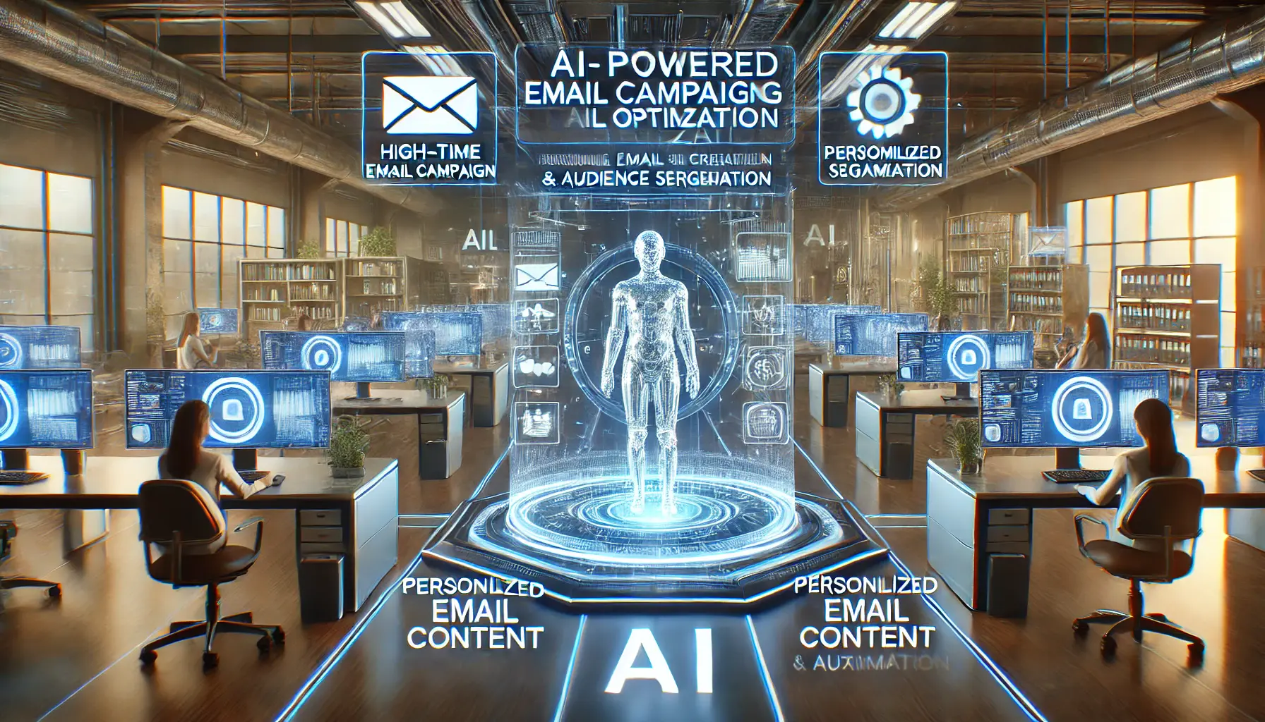 A futuristic AI-powered email marketing hub with holographic screens displaying email content creation, performance analytics, and audience segmentation.