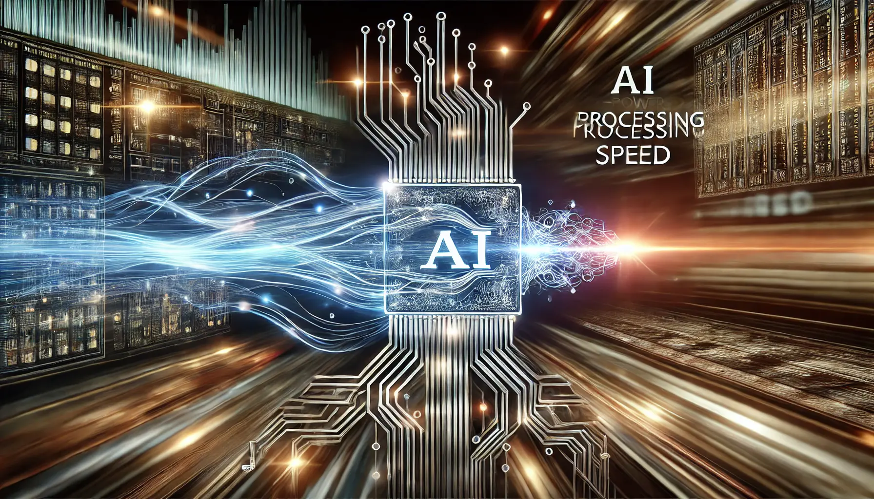 A futuristic AI-powered neural network with glowing data streams flowing rapidly through interconnected circuits, symbolizing high-speed data processing and optimization.