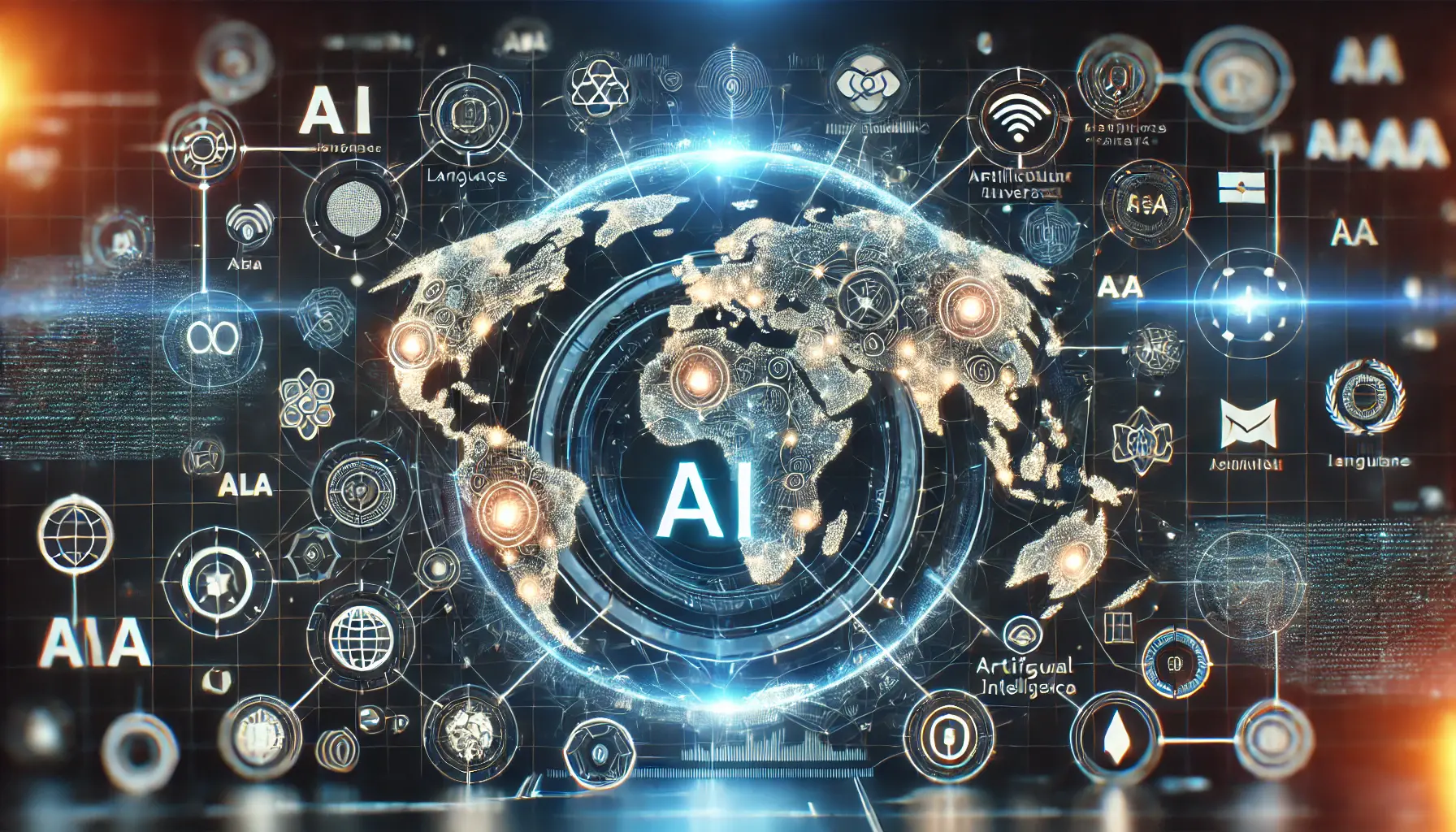 A futuristic AI interface displaying a holographic world map with interconnected languages represented by glowing lines and network nodes.