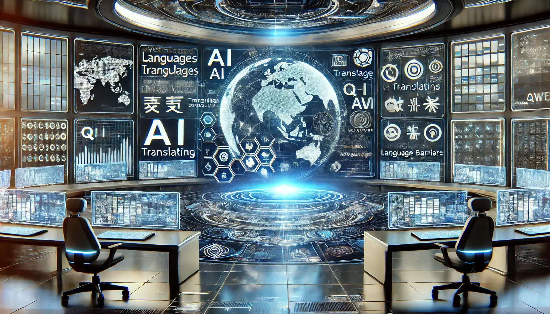 A high-tech digital control room with AI-powered holographic screens representing multiple languages and cultural symbols, enabling seamless multilingual communication.