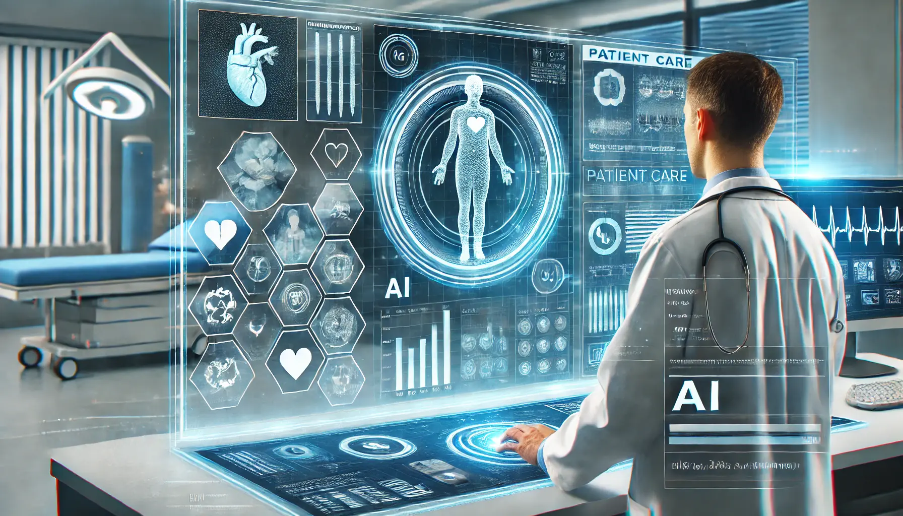 A doctor using an AI-powered holographic interface to analyze patient health data in a futuristic healthcare environment.