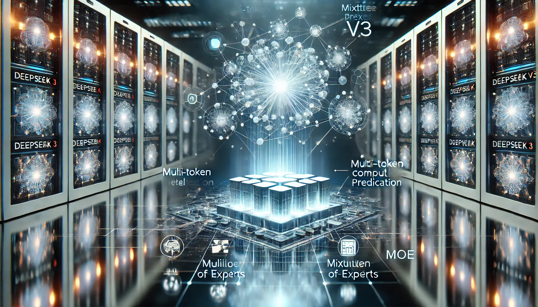 A high-tech futuristic visualization of AI innovation, featuring interconnected neural networks, floating holographic elements, and a glowing computing cluster representing the advanced architecture of DeepSeek v3.