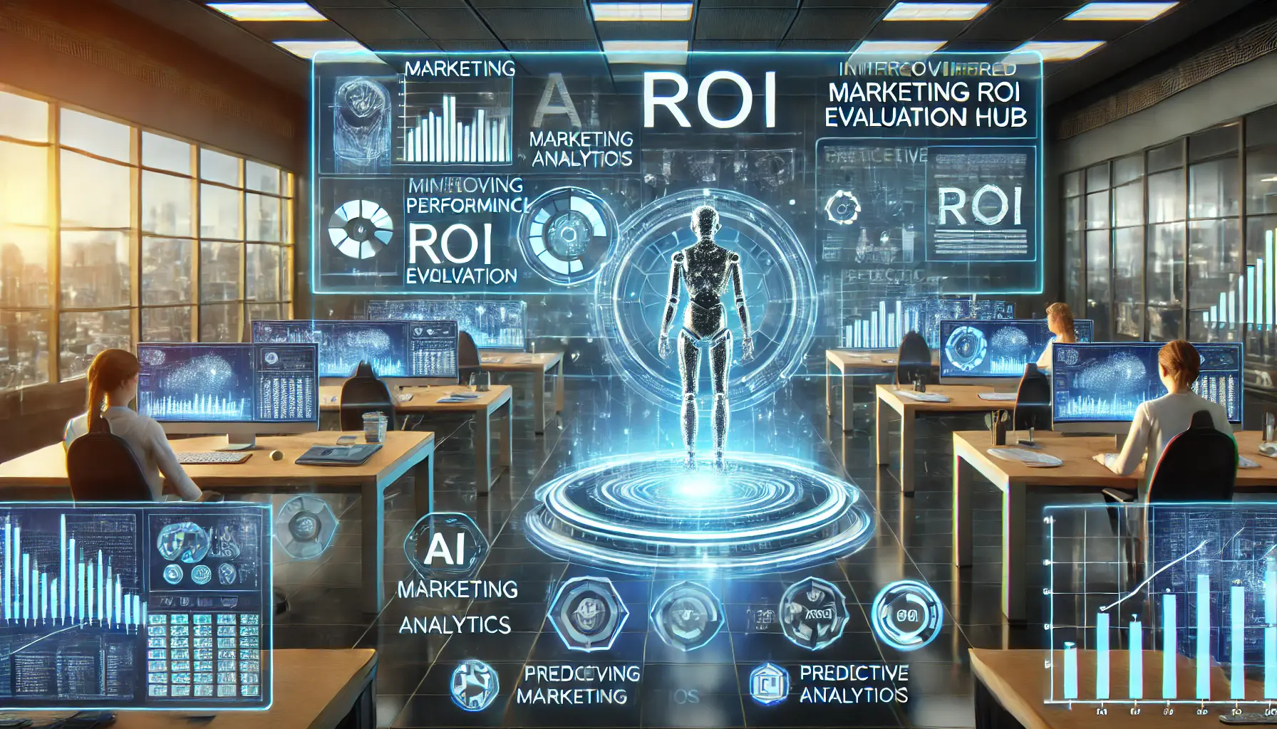 A futuristic AI-powered marketing ROI evaluation hub with holographic screens displaying campaign performance metrics and predictive analytics.