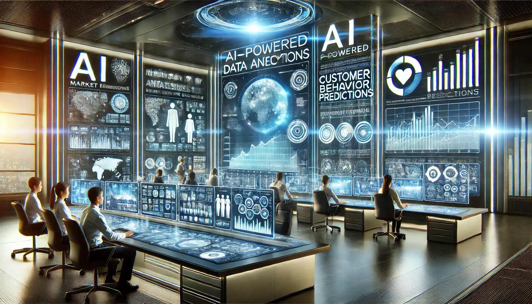 A futuristic control room filled with AI-powered data dashboards, holographic trend graphs, and analysts interpreting predictive insights.