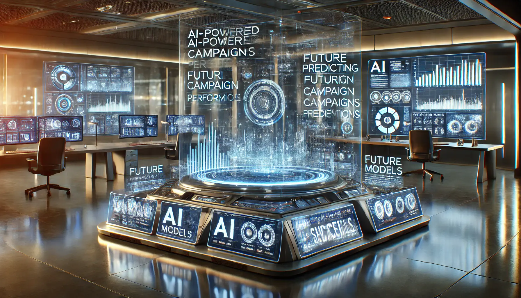 A futuristic AI-powered analytics dashboard with holographic screens displaying predictive models and future campaign success forecasts.