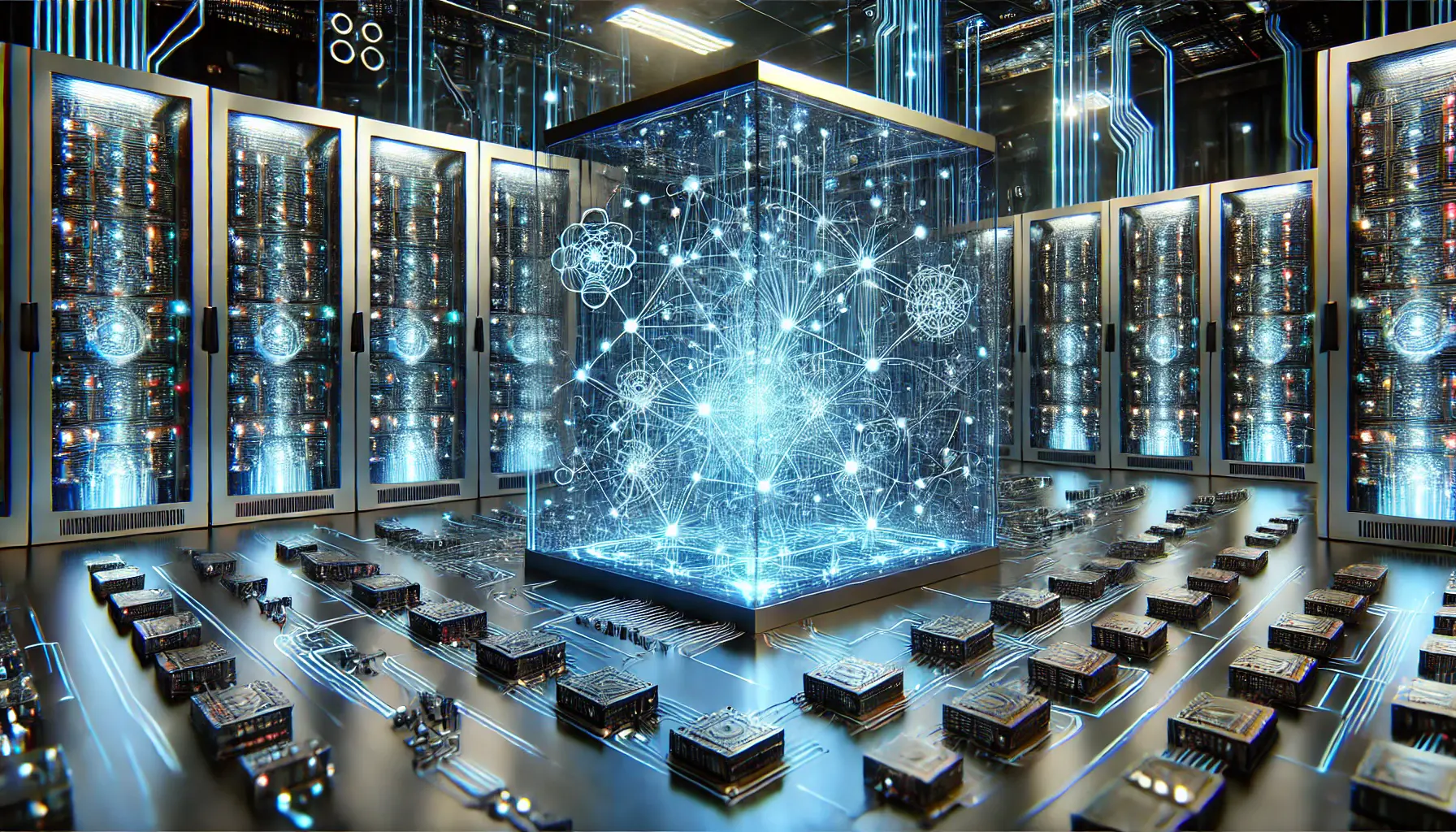 A high-tech server room with interconnected quantum processors and glowing circuits representing advanced AI technology.