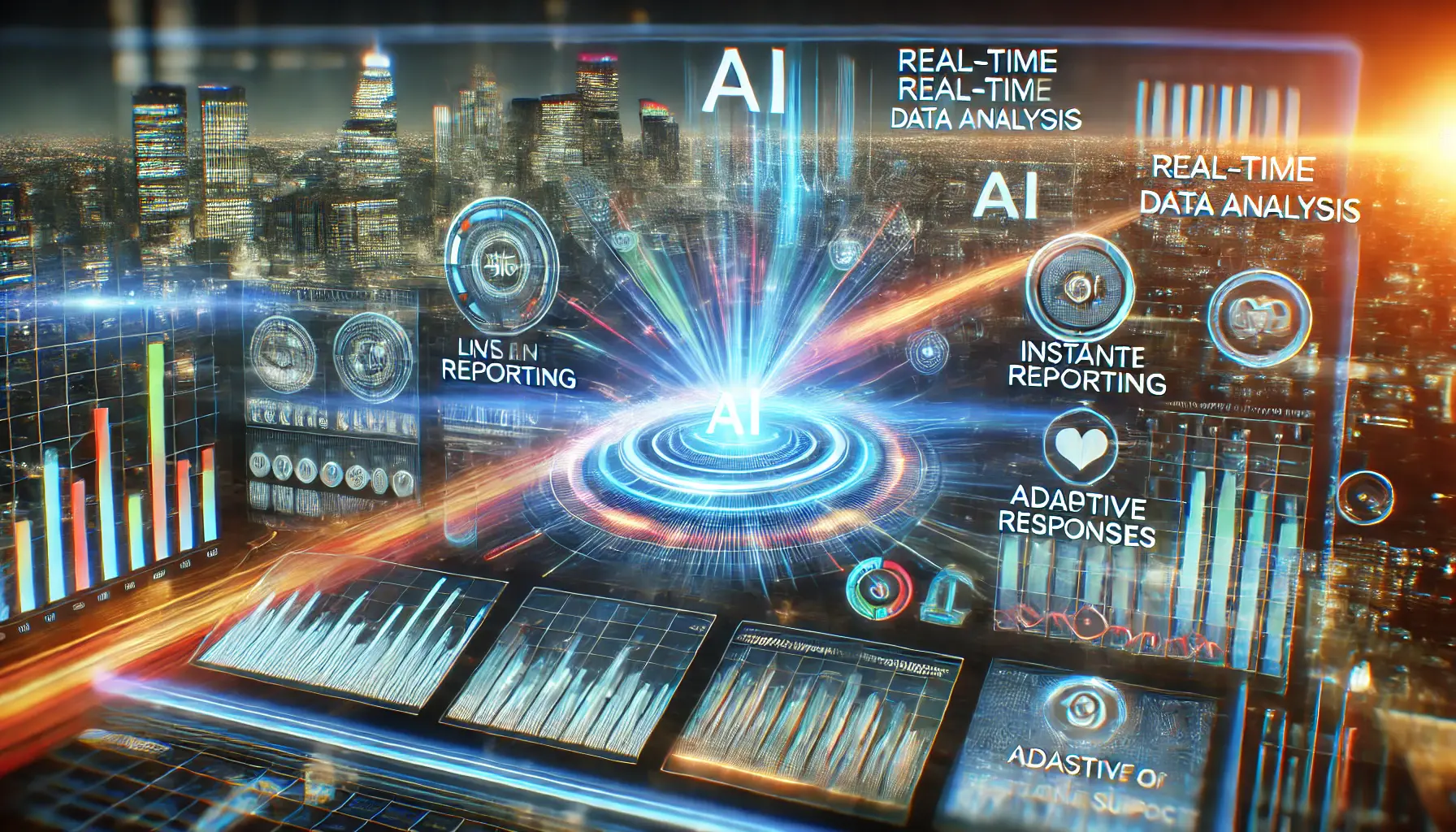 A futuristic AI system performing real-time data analysis, featuring holographic displays showing live data streams and instant reporting.