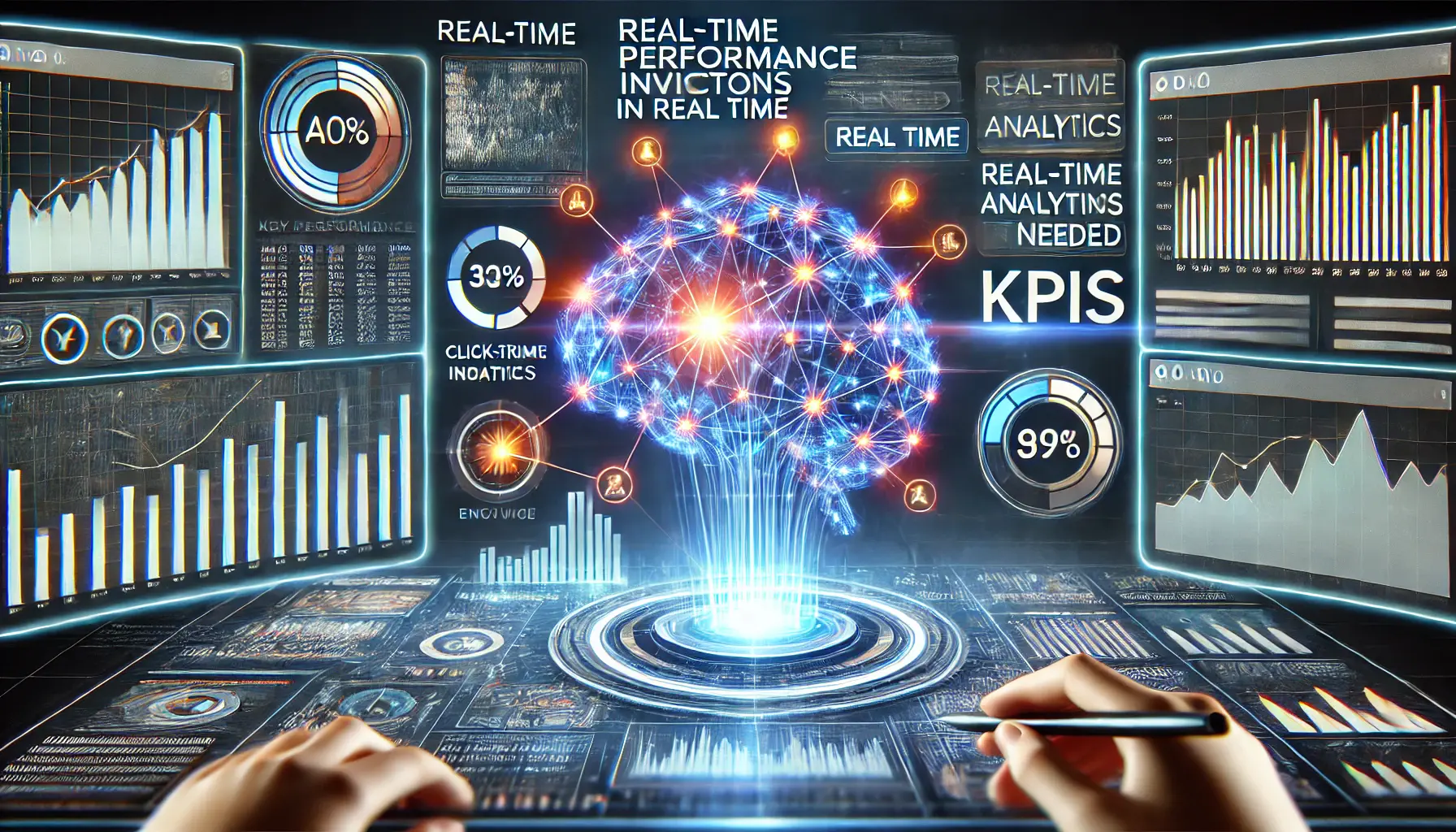 A futuristic AI system analyzing live data and adjusting advertising campaigns in real-time based on performance metrics, such as engagement and conversions, with dynamic digital graphs and dashboards.