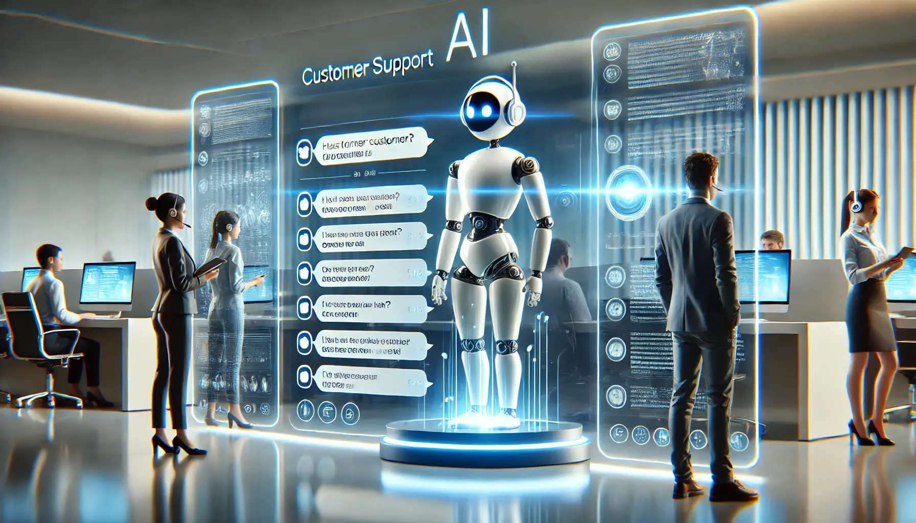 A high-tech customer support center with an AI system managing multiple customer inquiries simultaneously.