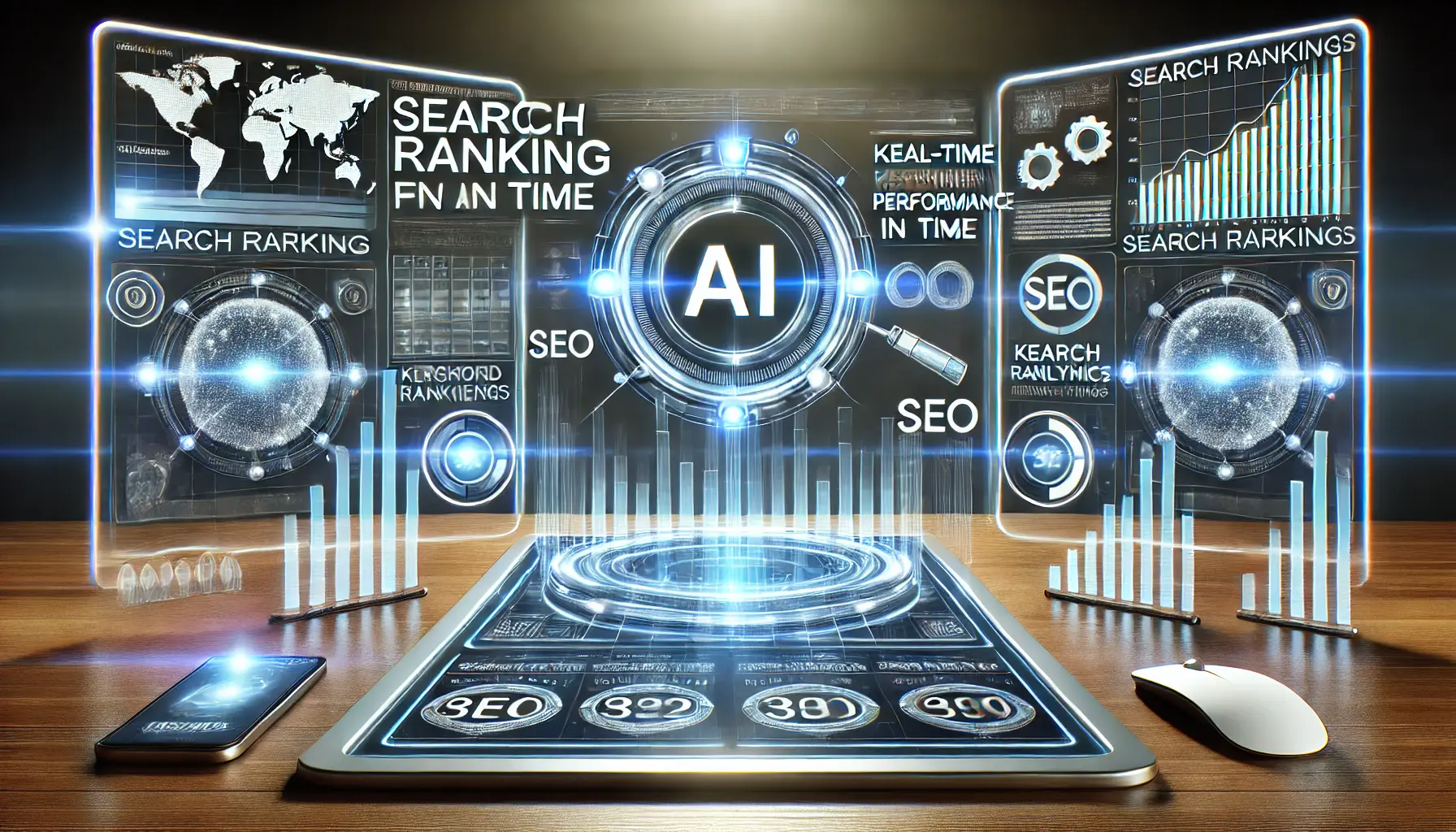 A futuristic AI-powered digital marketing dashboard displaying real-time search rankings and keyword performance over time.