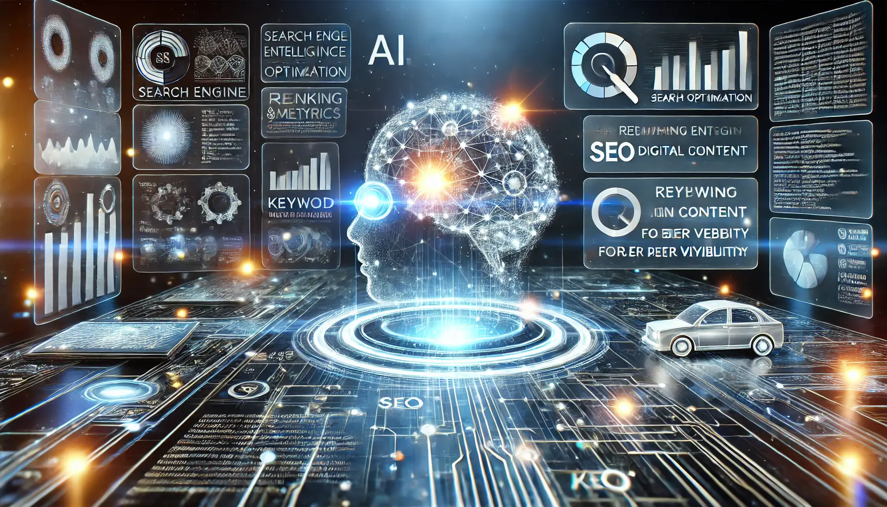 A futuristic AI system analyzing search engine data with a holographic interface displaying keyword analytics, ranking metrics, and website optimization elements, set against a background of digital pathways and data streams.