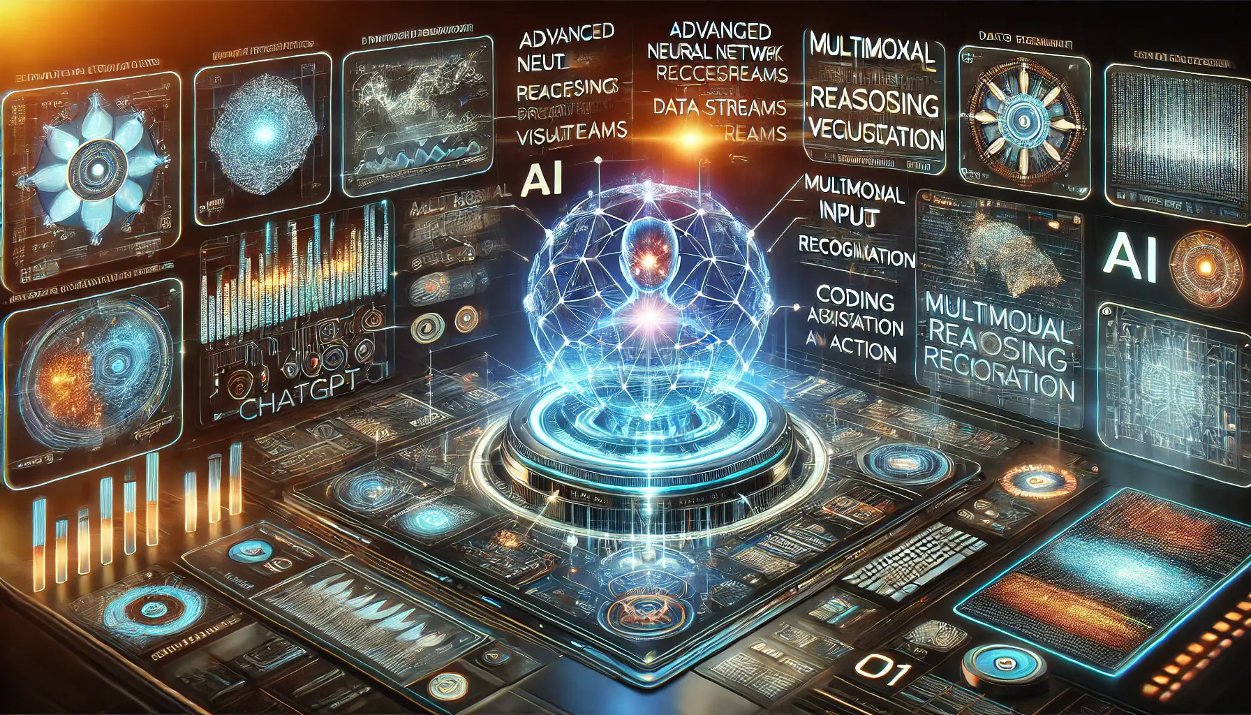 A futuristic AI-powered system displaying the key features of ChatGPT o1, including a glowing neural network, holographic AI interfaces, multimodal input processing, and coding assistance.