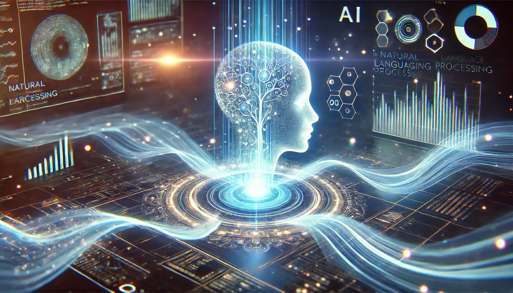 A futuristic AI system processing human language with a glowing neural network and flowing data representing text and speech, highlighting the role in natural language processing.