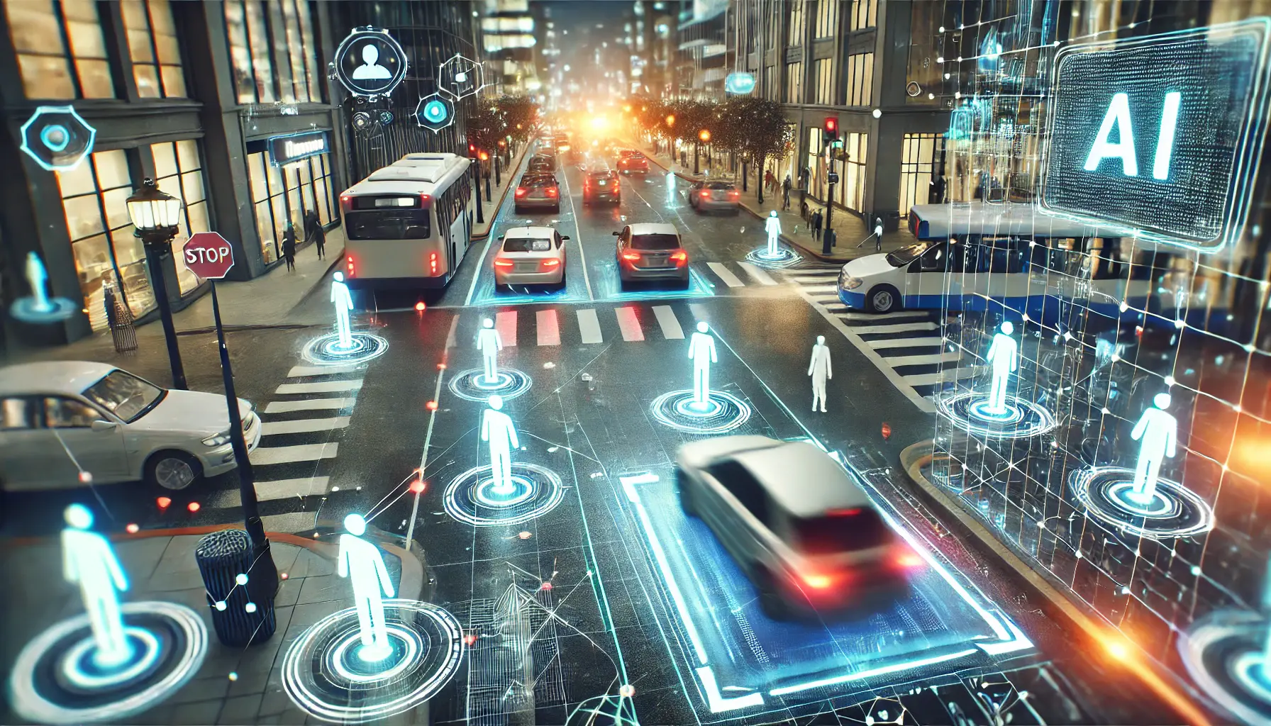 A futuristic AI system performing real-time object detection and localization in a busy street environment, tracking cars, pedestrians, and obstacles.