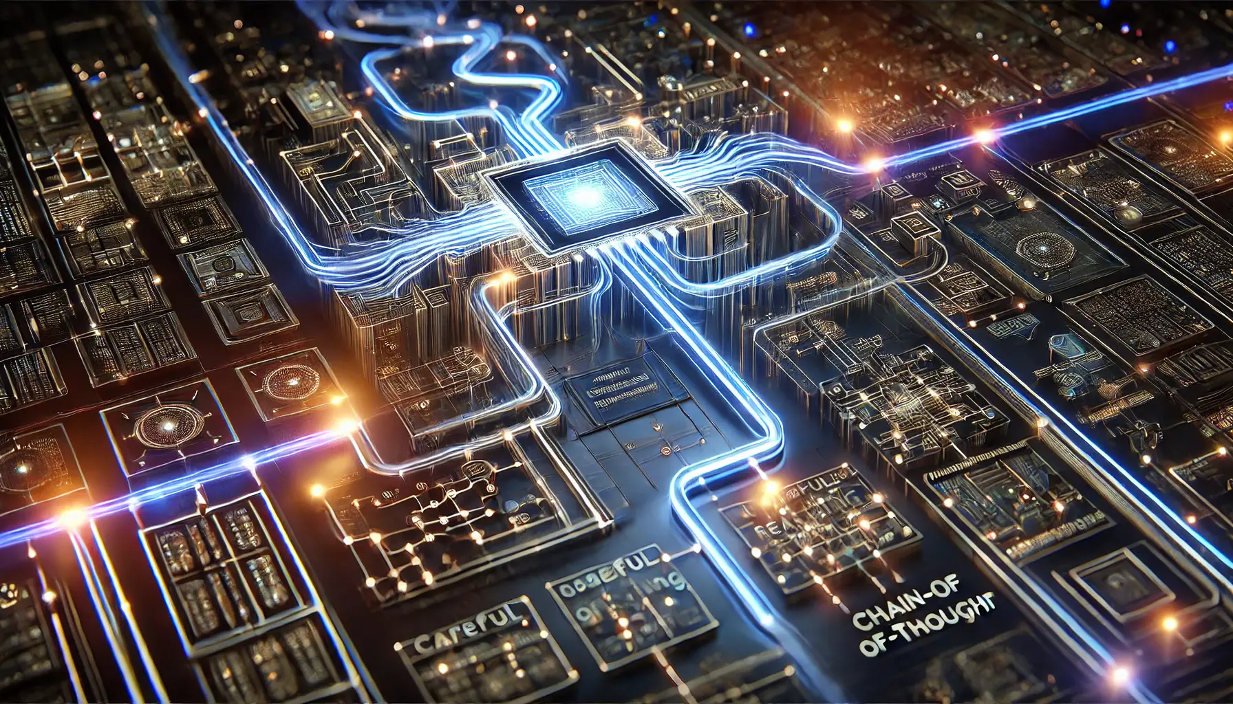 A visualization of the Chain-of-Thought module, showing interconnected neural pathways and data flows representing step-by-step AI reasoning.