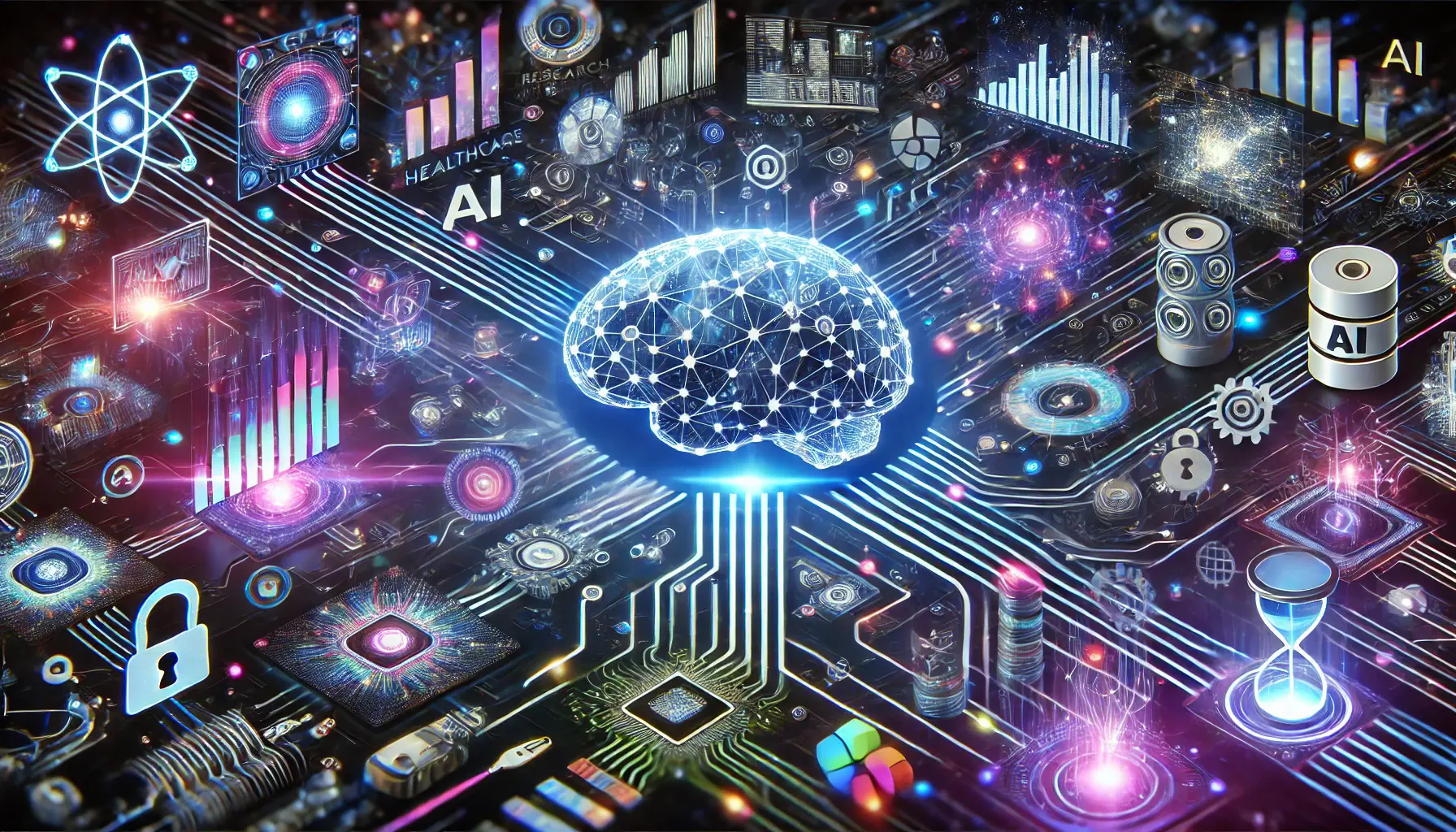 A futuristic visualization of AI integrating into various industries like healthcare, finance, and manufacturing, with neural networks and data flows symbolizing its impact.