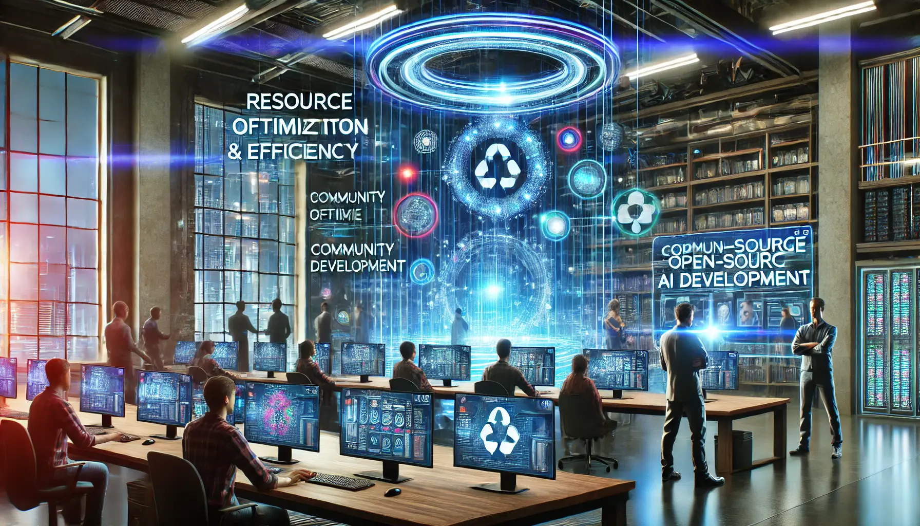 A futuristic collaborative workspace where engineers work together, interacting with holographic displays on resource optimization and community-driven development tools.