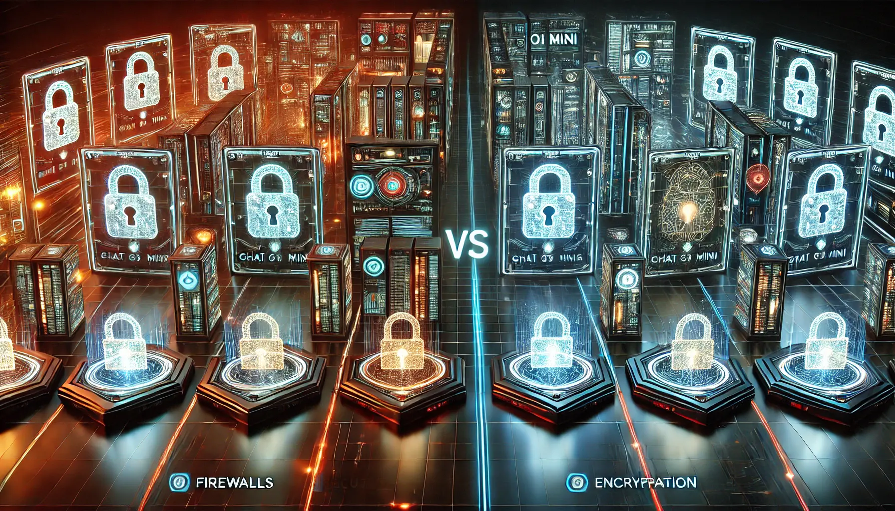 A digital comparison of AI models showcasing the security differences between ChatGPT o1 Mini and other AI systems, featuring firewalls and encryption.