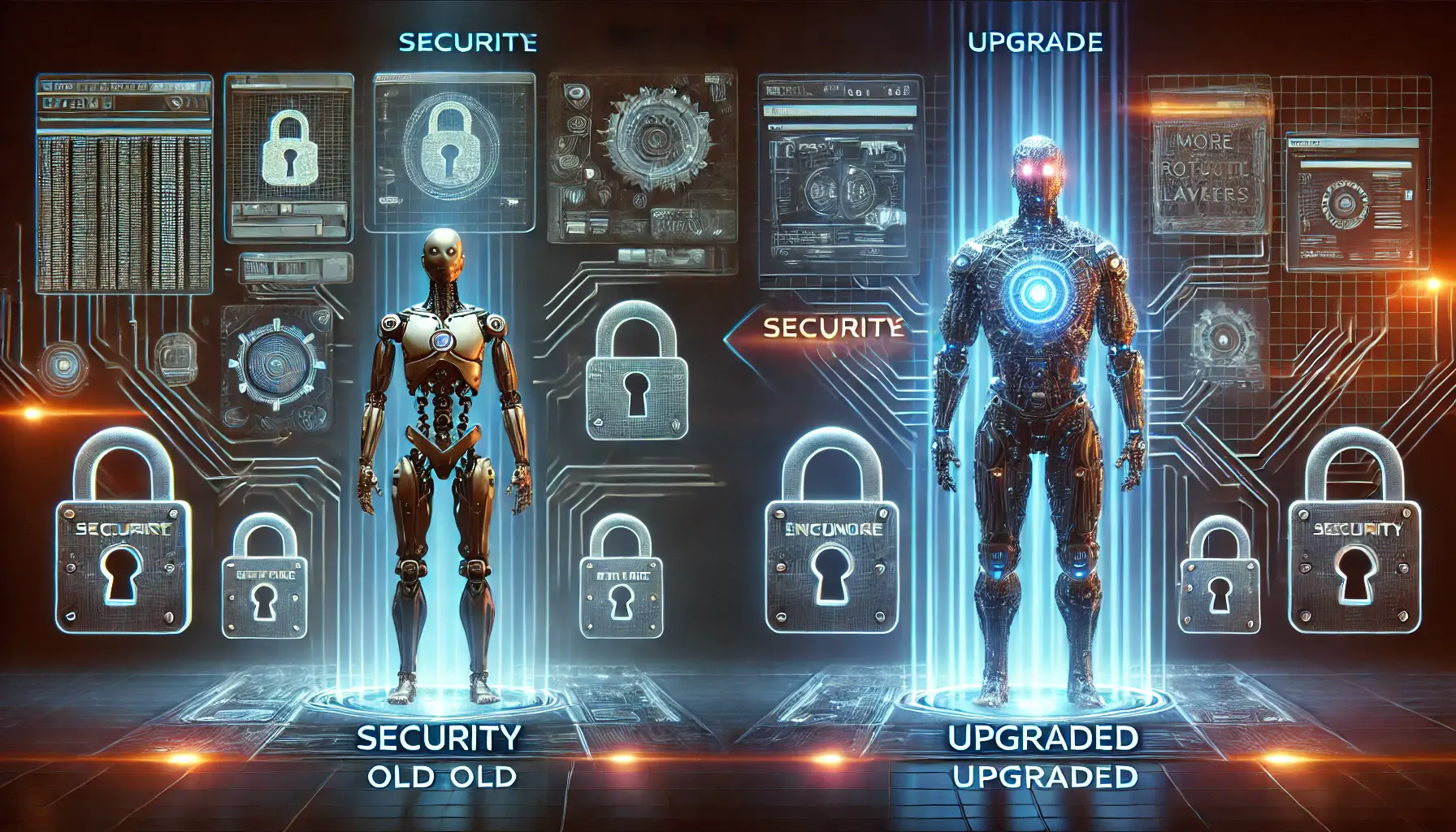 A digital security comparison showing the upgrade over previous AI models with stronger encryption and firewalls in the newer model.