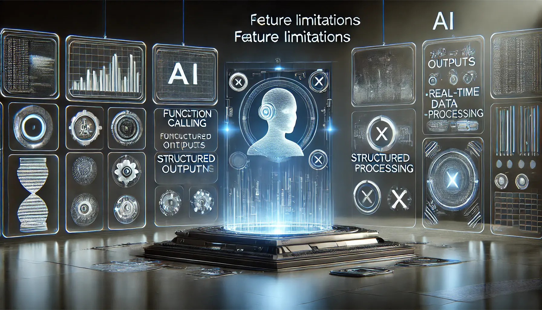 A futuristic AI interface displaying disabled or incomplete features in a high-tech environment.