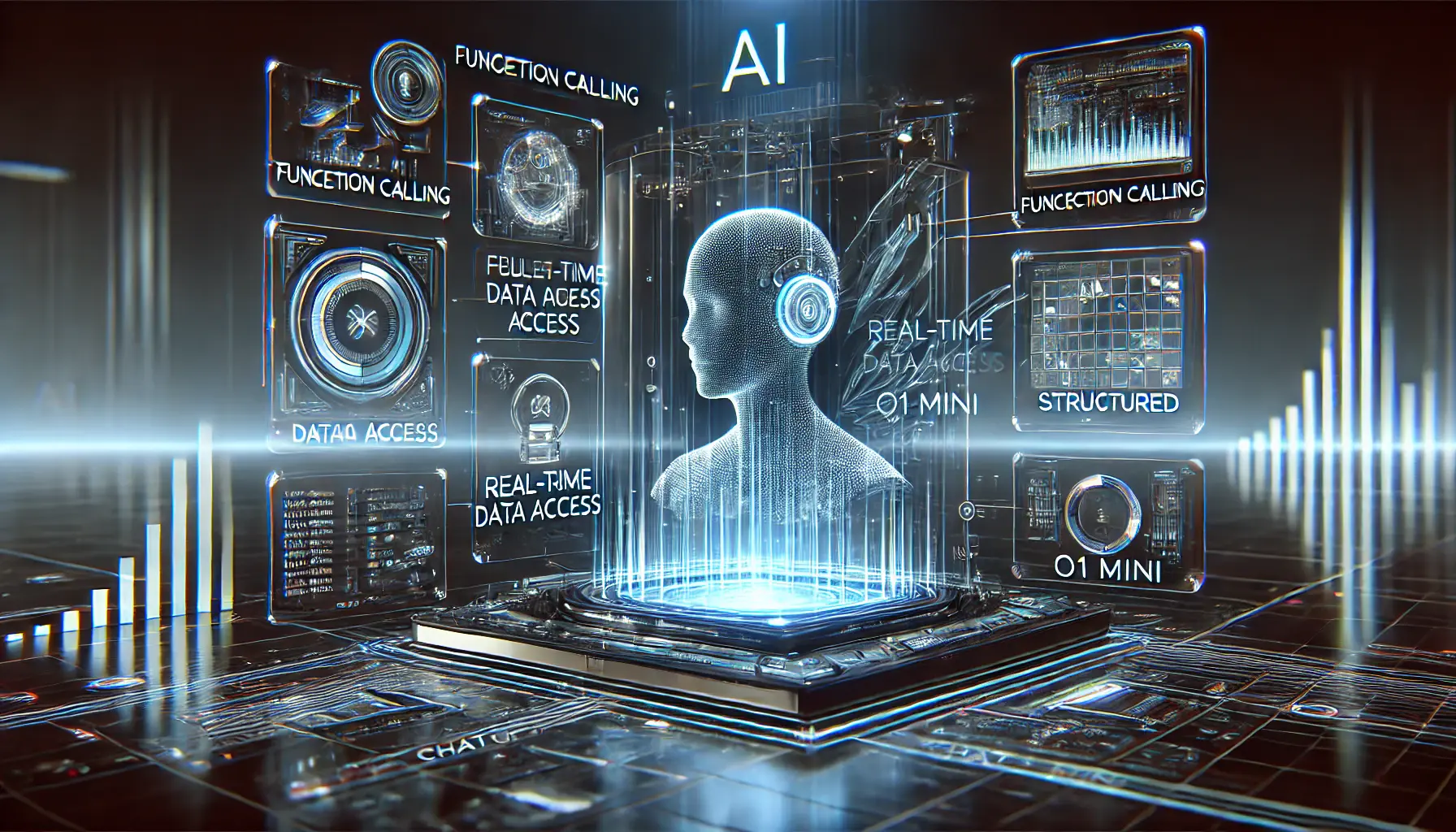 A futuristic AI system displaying limitations with incomplete or broken features in a high-tech environment.