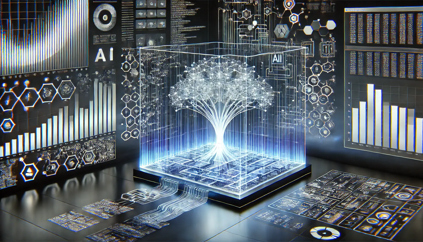 A futuristic AI system processing intricate algorithms and data streams to solve complex problems.