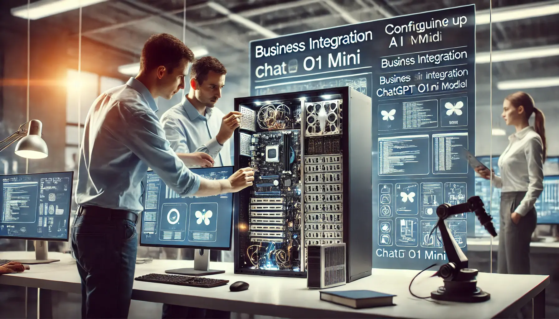 Engineers setting up hardware and software components for ChatGPT o1 mini integration in a modern IT workspace.