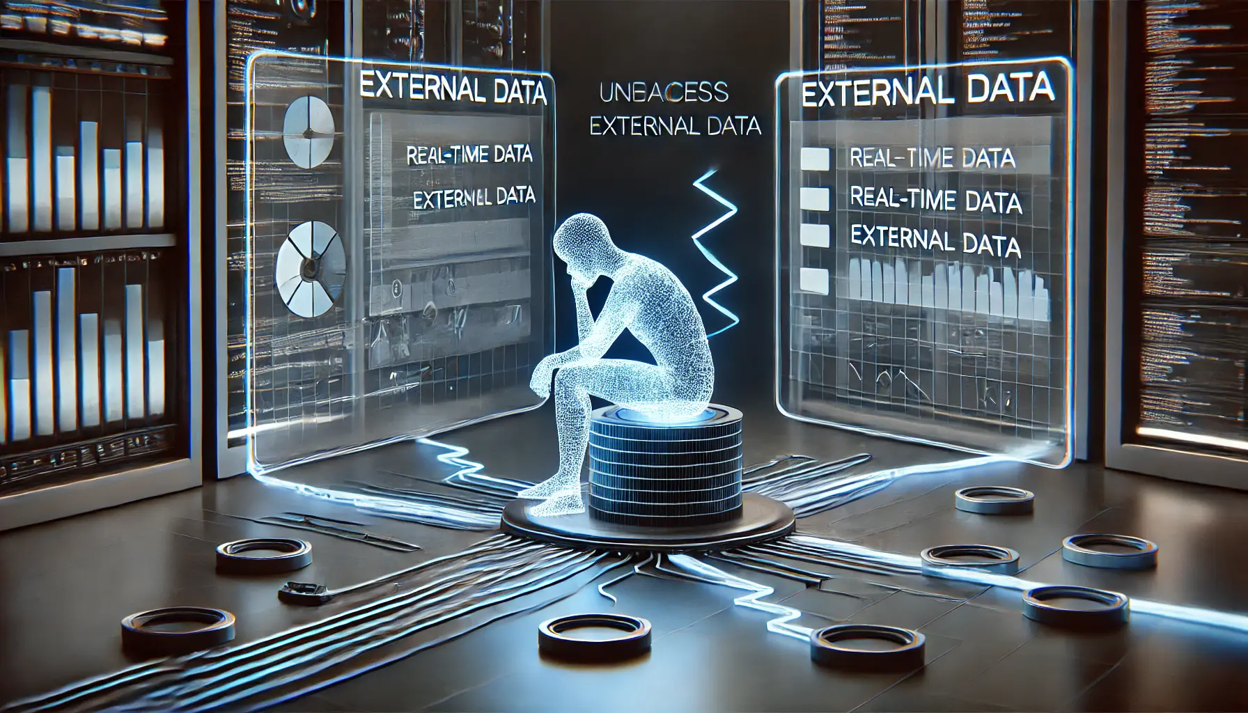 A futuristic AI system struggling with tasks that require access to external data, shown with incomplete data streams and broken connections.