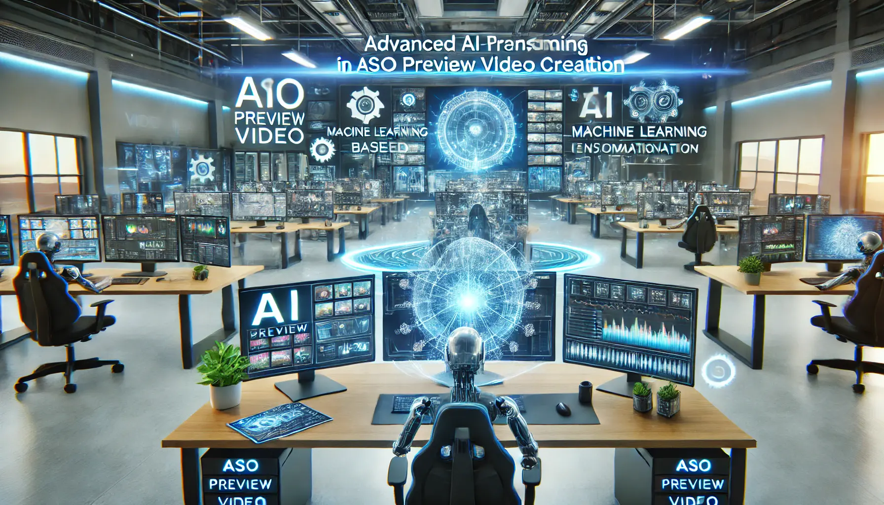 A futuristic AI-powered video production studio with multiple workstations displaying automated editing, machine learning personalization, and real-time content analysis.